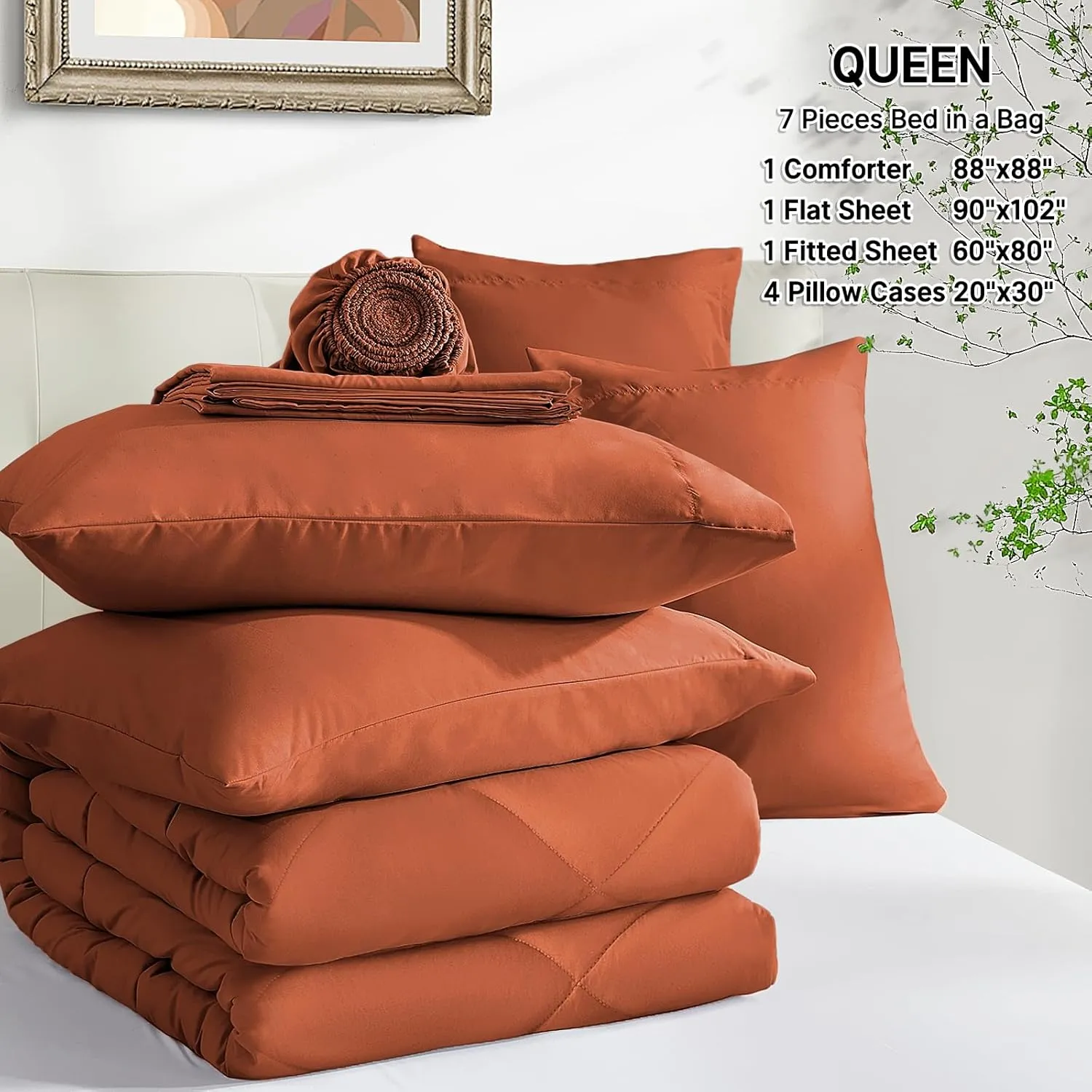 SunStyle Home Full/Queen Comforter Sets, 7-Pieces Bed in a Bag with Comforter and Sheets, All Season Bedding Sets with Comforter, Flat Sheet, Fitted Sheet Pillow Shams and Pillowcases (Burnt Orange)