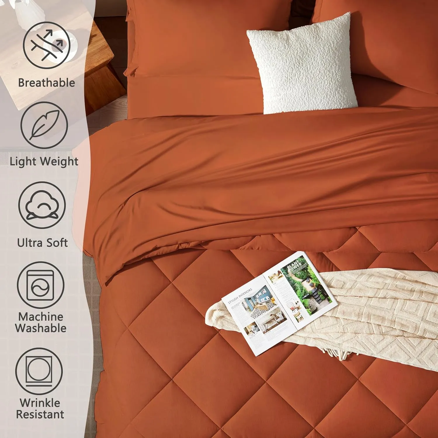 SunStyle Home Full/Queen Comforter Sets, 7-Pieces Bed in a Bag with Comforter and Sheets, All Season Bedding Sets with Comforter, Flat Sheet, Fitted Sheet Pillow Shams and Pillowcases (Burnt Orange)