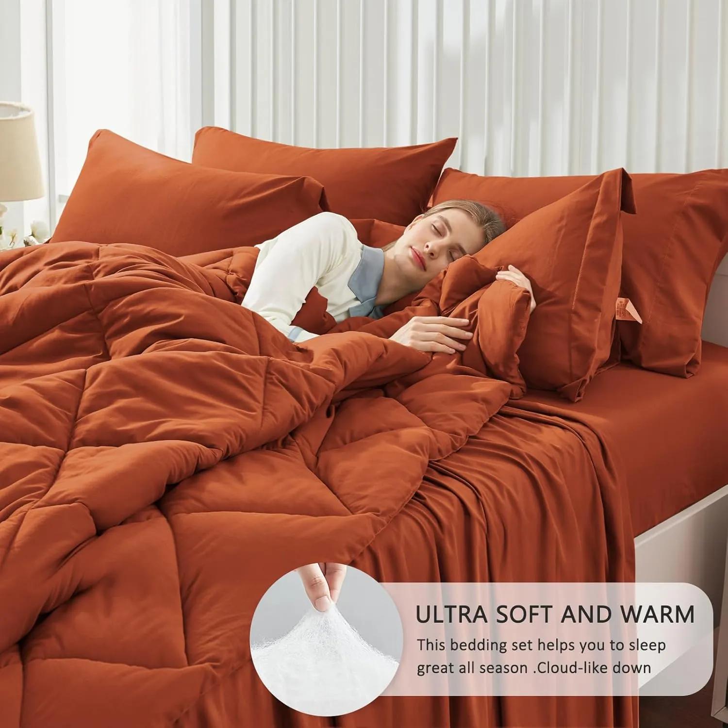 SunStyle Home Full/Queen Comforter Sets, 7-Pieces Bed in a Bag with Comforter and Sheets, All Season Bedding Sets with Comforter, Flat Sheet, Fitted Sheet Pillow Shams and Pillowcases (Burnt Orange)