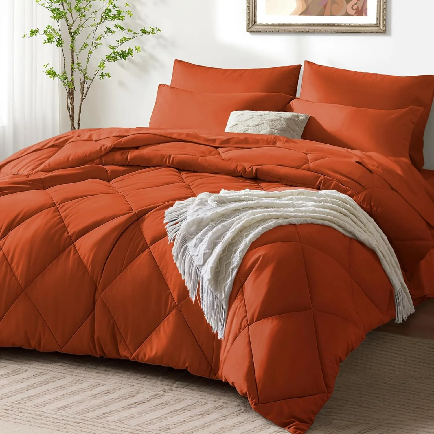 SunStyle Home Full/Queen Comforter Sets, 7-Pieces Bed in a Bag with Comforter and Sheets, All Season Bedding Sets with Comforter, Flat Sheet, Fitted Sheet Pillow Shams and Pillowcases (Burnt Orange)