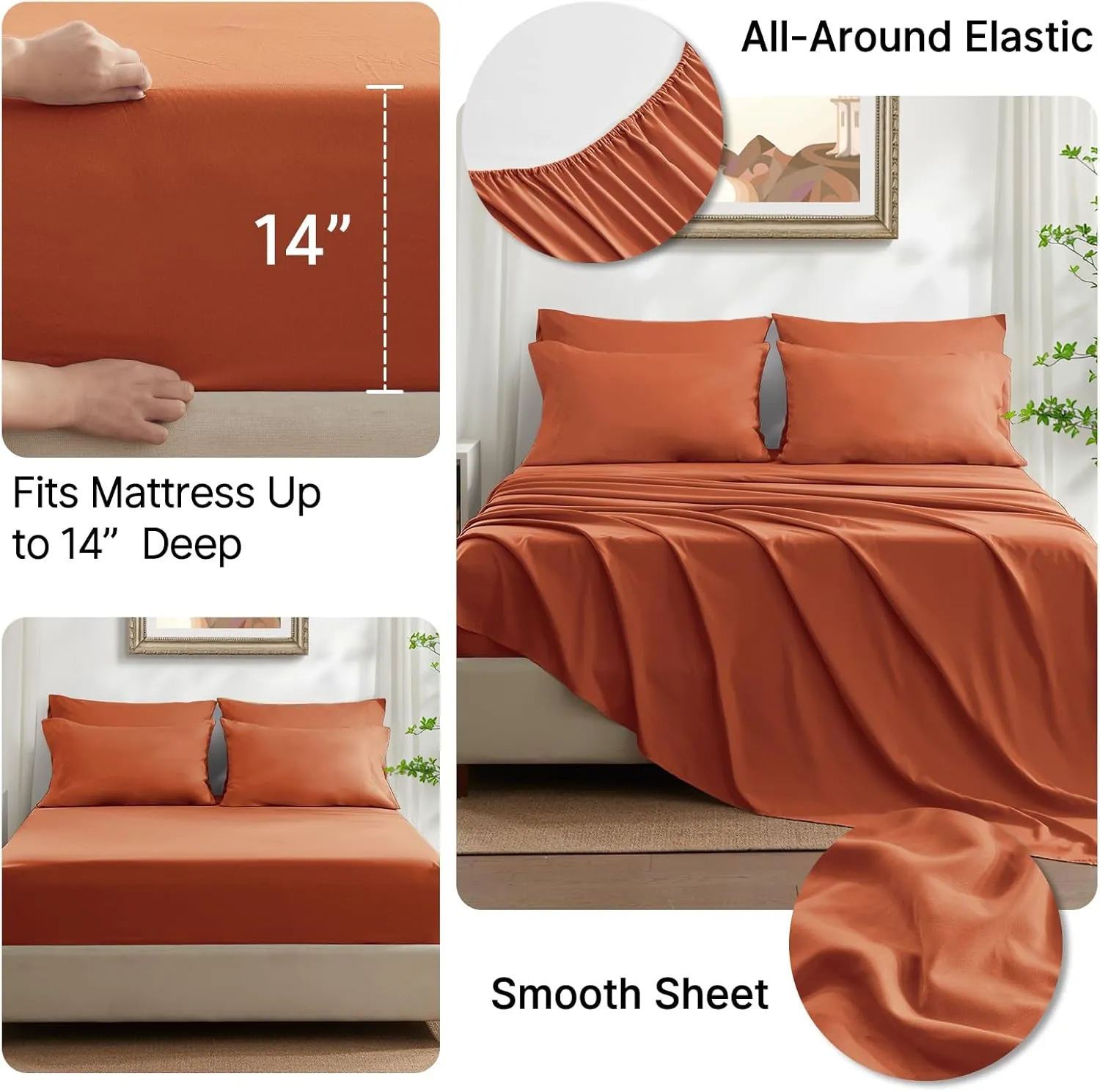 SunStyle Home Full/Queen Comforter Sets, 7-Pieces Bed in a Bag with Comforter and Sheets, All Season Bedding Sets with Comforter, Flat Sheet, Fitted Sheet Pillow Shams and Pillowcases (Burnt Orange)