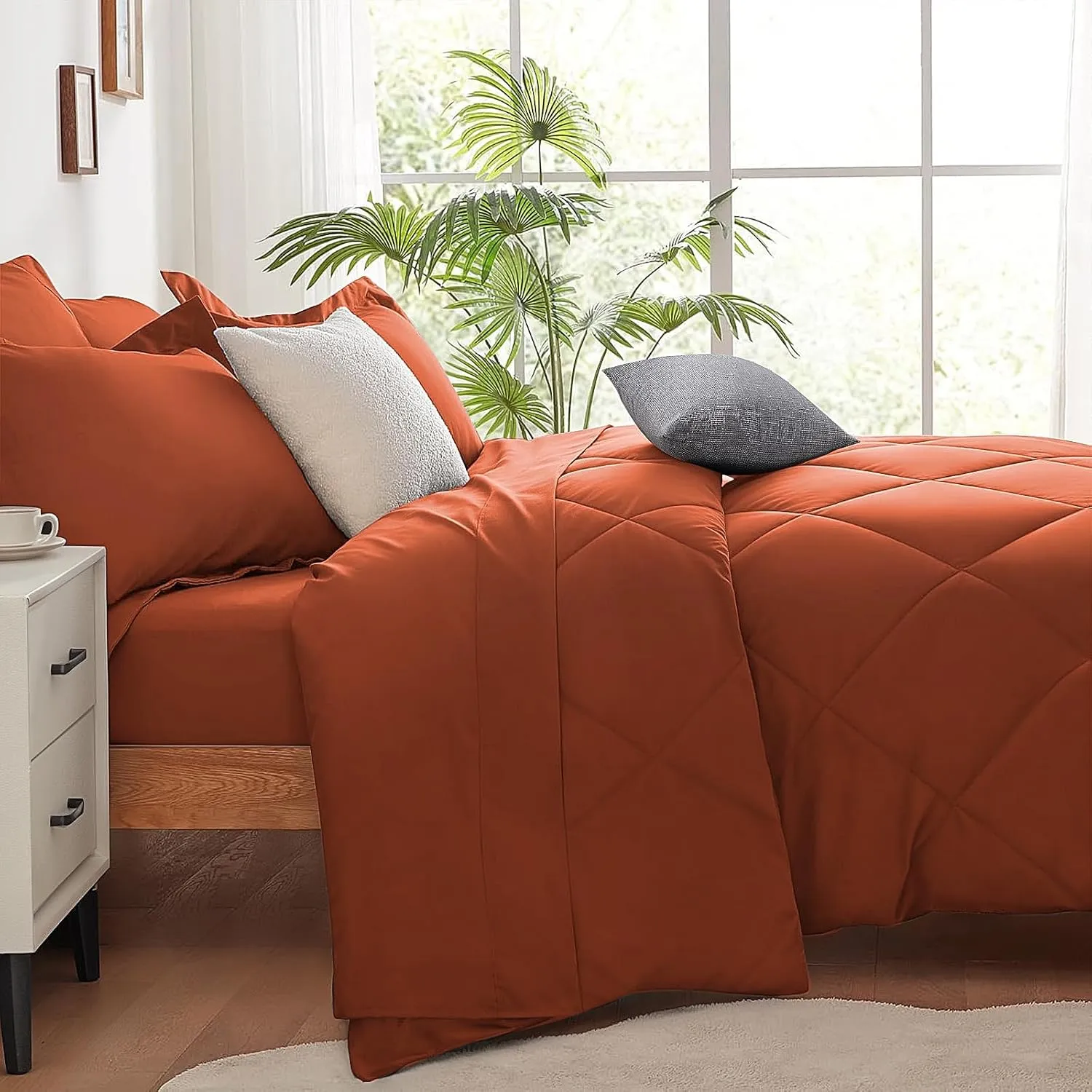 SunStyle Home Full/Queen Comforter Sets, 7-Pieces Bed in a Bag with Comforter and Sheets, All Season Bedding Sets with Comforter, Flat Sheet, Fitted Sheet Pillow Shams and Pillowcases (Burnt Orange)