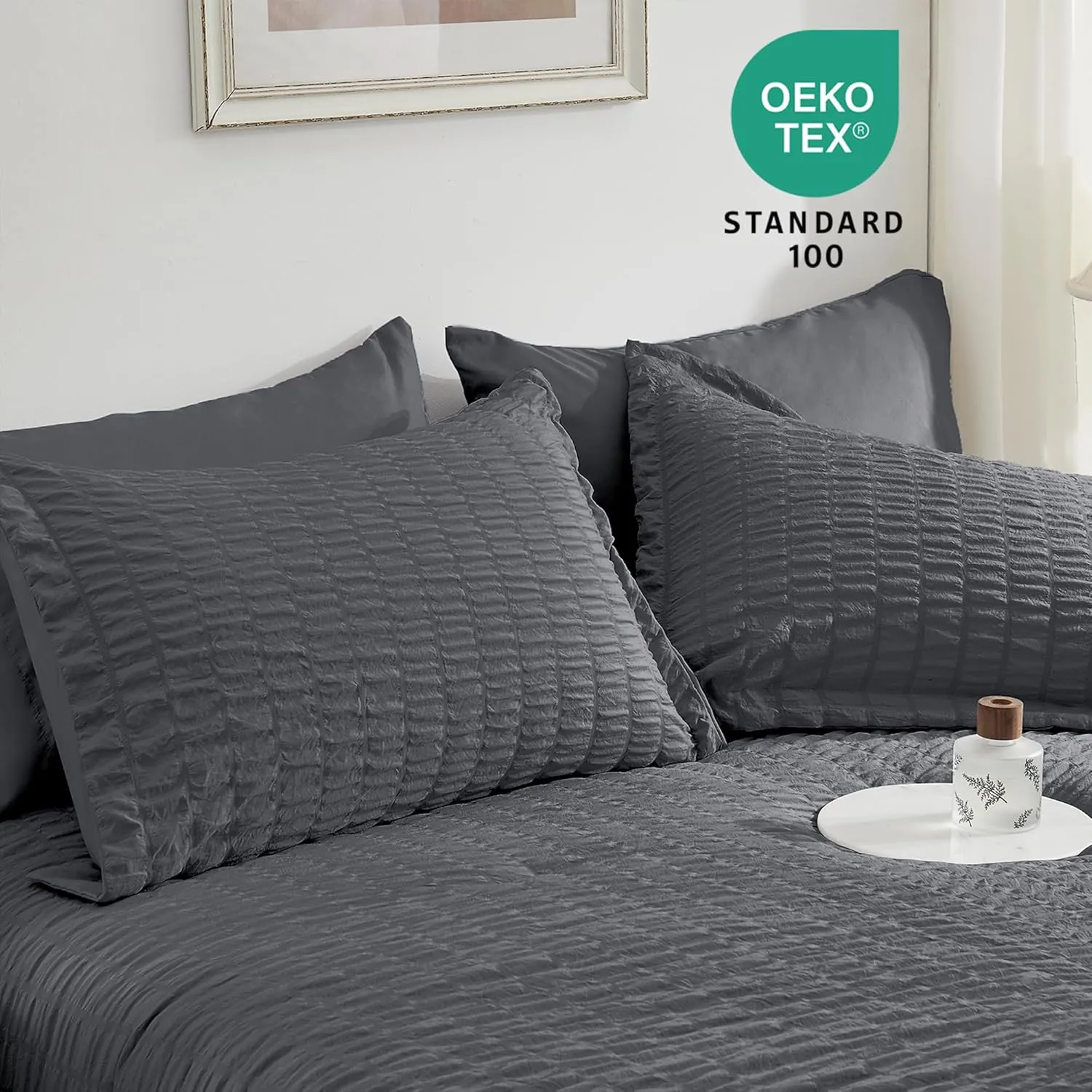 SunStyle Home Full/Queen Comforter Sets 7 Pieces, Seersucker Bed in a Bag Lightweight Bedding Sets, All Season Comforters with Flat Sheet, Fitted Sheet, Pillowcase and Pillow Sham, Dark Grey