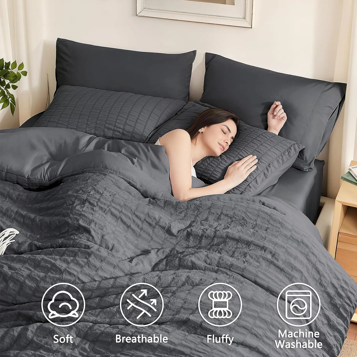 SunStyle Home Full/Queen Comforter Sets 7 Pieces, Seersucker Bed in a Bag Lightweight Bedding Sets, All Season Comforters with Flat Sheet, Fitted Sheet, Pillowcase and Pillow Sham, Dark Grey