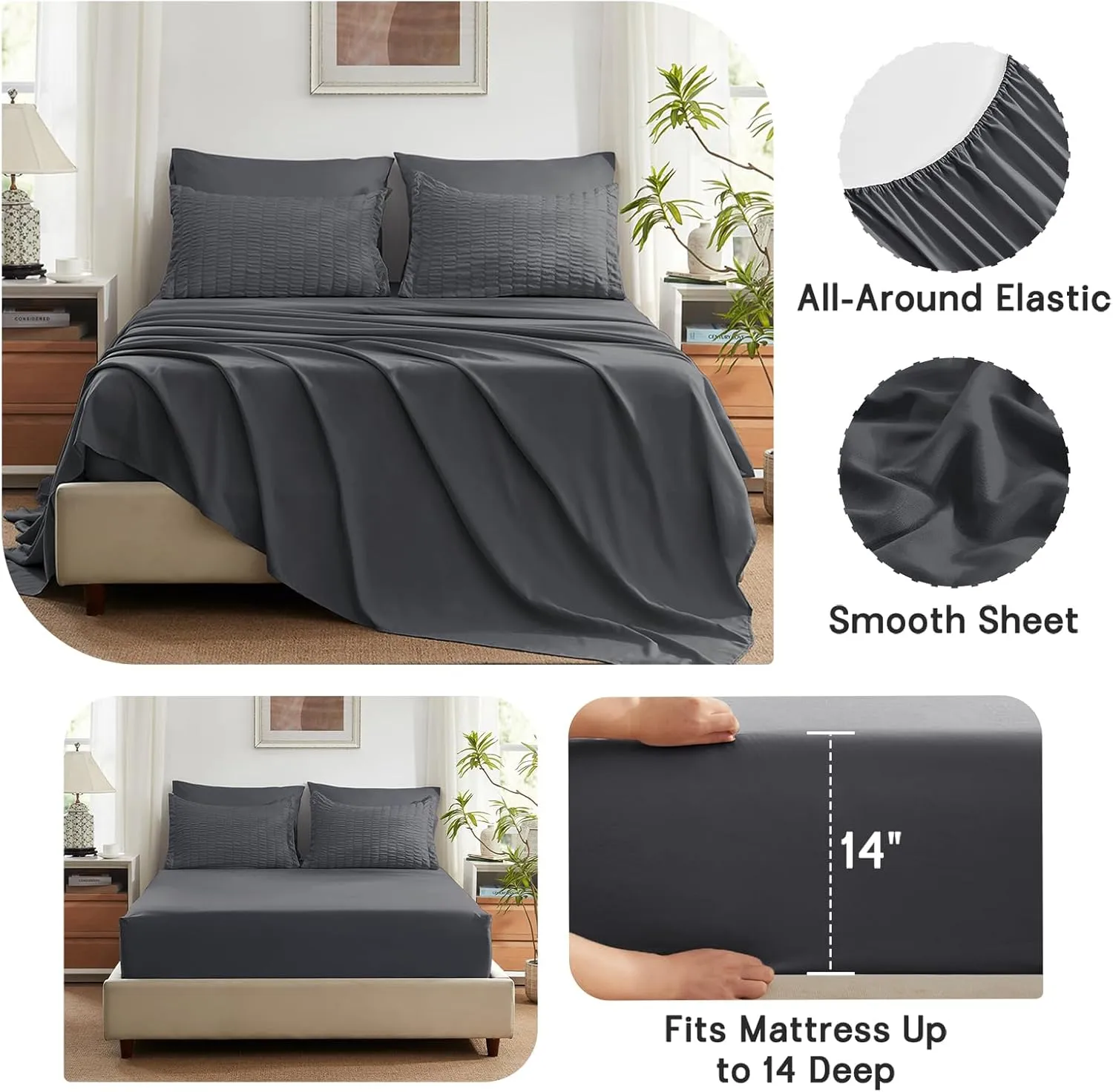 SunStyle Home Full/Queen Comforter Sets 7 Pieces, Seersucker Bed in a Bag Lightweight Bedding Sets, All Season Comforters with Flat Sheet, Fitted Sheet, Pillowcase and Pillow Sham, Dark Grey