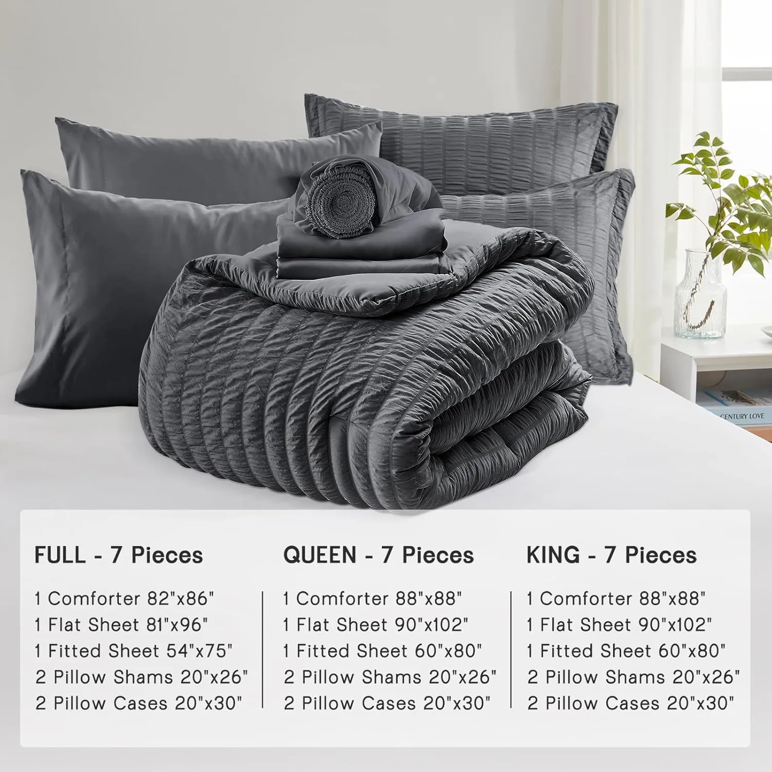 SunStyle Home Full/Queen Comforter Sets 7 Pieces, Seersucker Bed in a Bag Lightweight Bedding Sets, All Season Comforters with Flat Sheet, Fitted Sheet, Pillowcase and Pillow Sham, Dark Grey