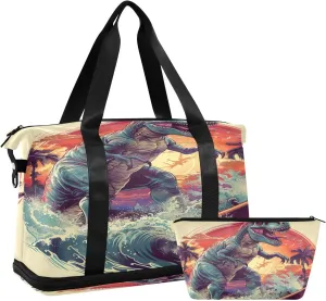 Surfboard Dinosaur Duffel Bag Lightweight Carry On Gym Bags for Travel and Weekends, Versatile Overnight Bag with Shoe Compartment