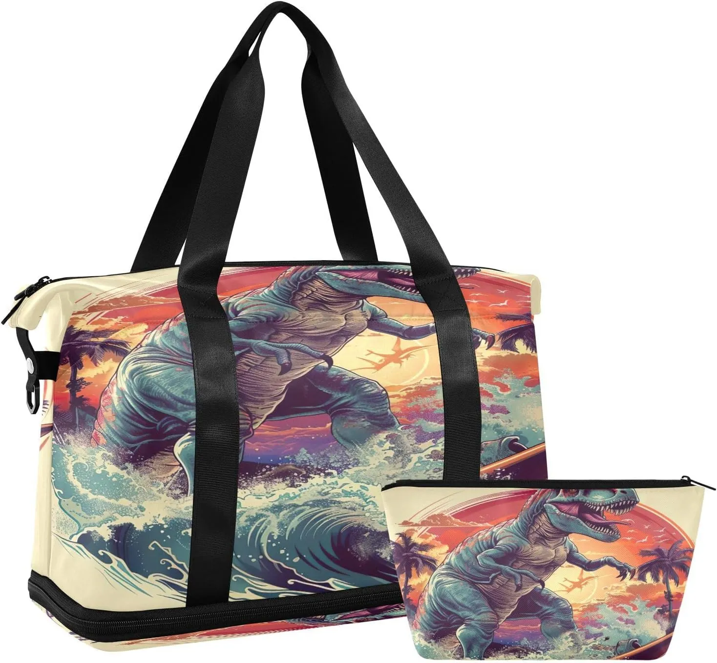 Surfboard Dinosaur Duffel Bag Lightweight Carry On Gym Bags for Travel and Weekends, Versatile Overnight Bag with Shoe Compartment