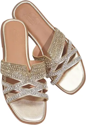 SweatyRocks Women's Sparkly Rhinestone Flat Sandals Open Toe Glitter Slip on Crossed Strap Slide