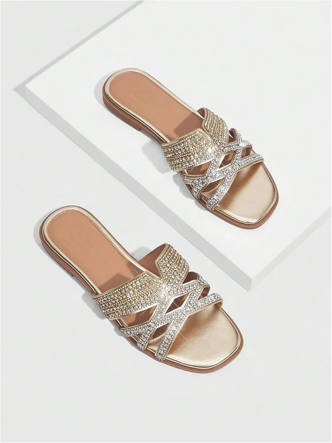 SweatyRocks Women's Sparkly Rhinestone Flat Sandals Open Toe Glitter Slip on Crossed Strap Slide
