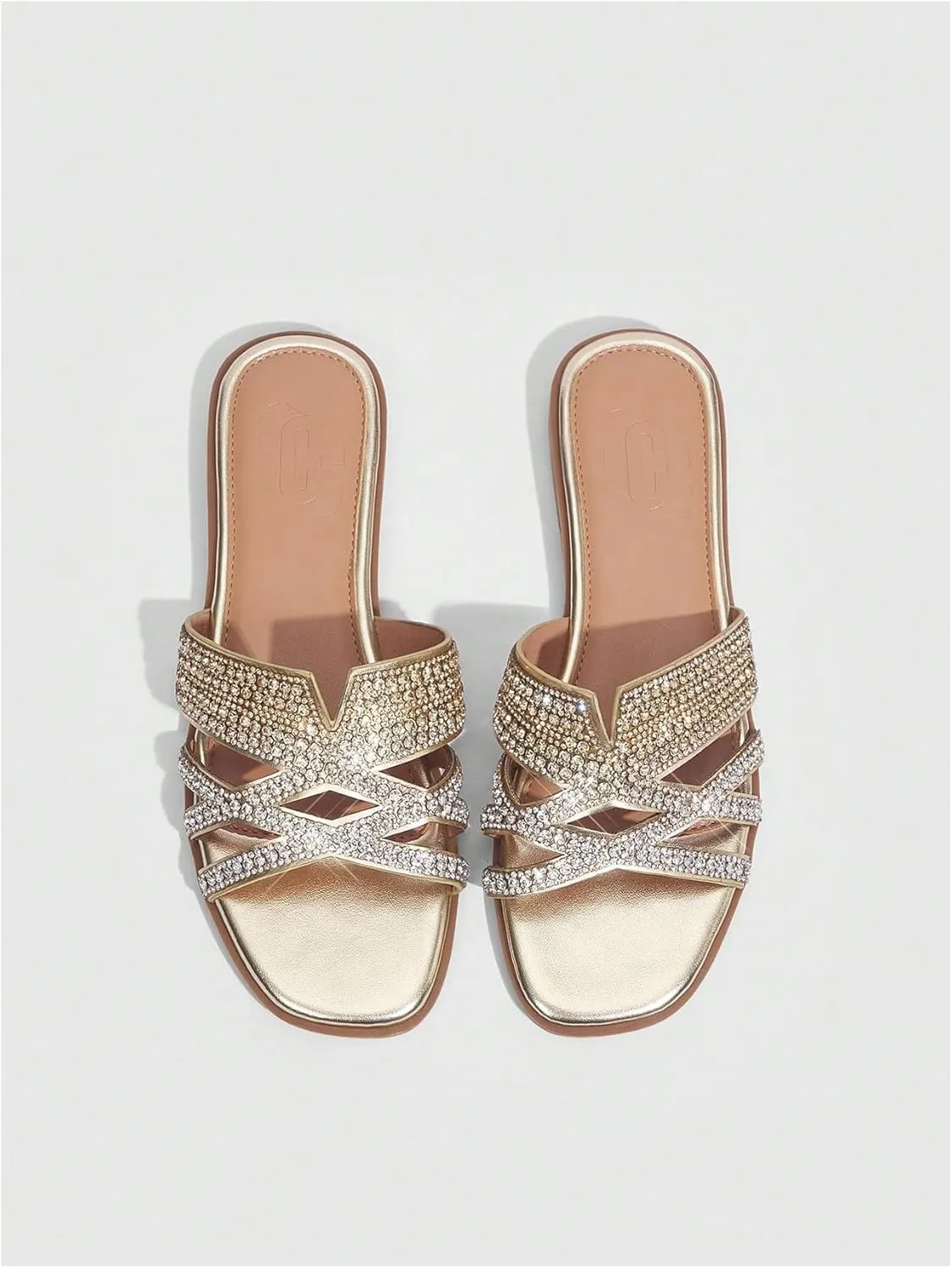SweatyRocks Women's Sparkly Rhinestone Flat Sandals Open Toe Glitter Slip on Crossed Strap Slide