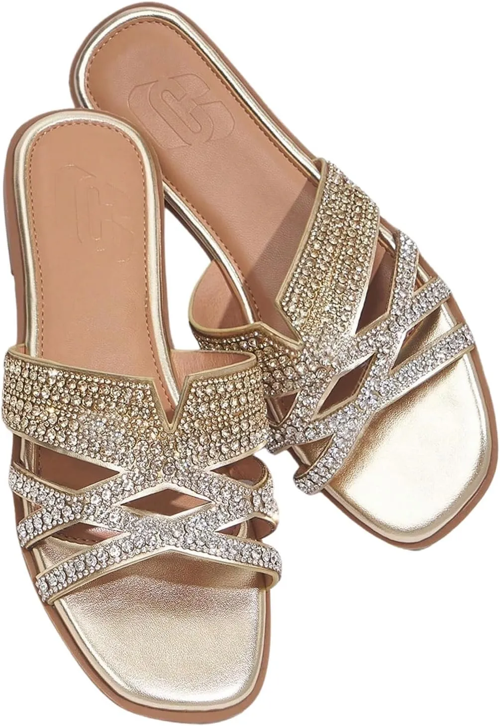 SweatyRocks Women's Sparkly Rhinestone Flat Sandals Open Toe Glitter Slip on Crossed Strap Slide