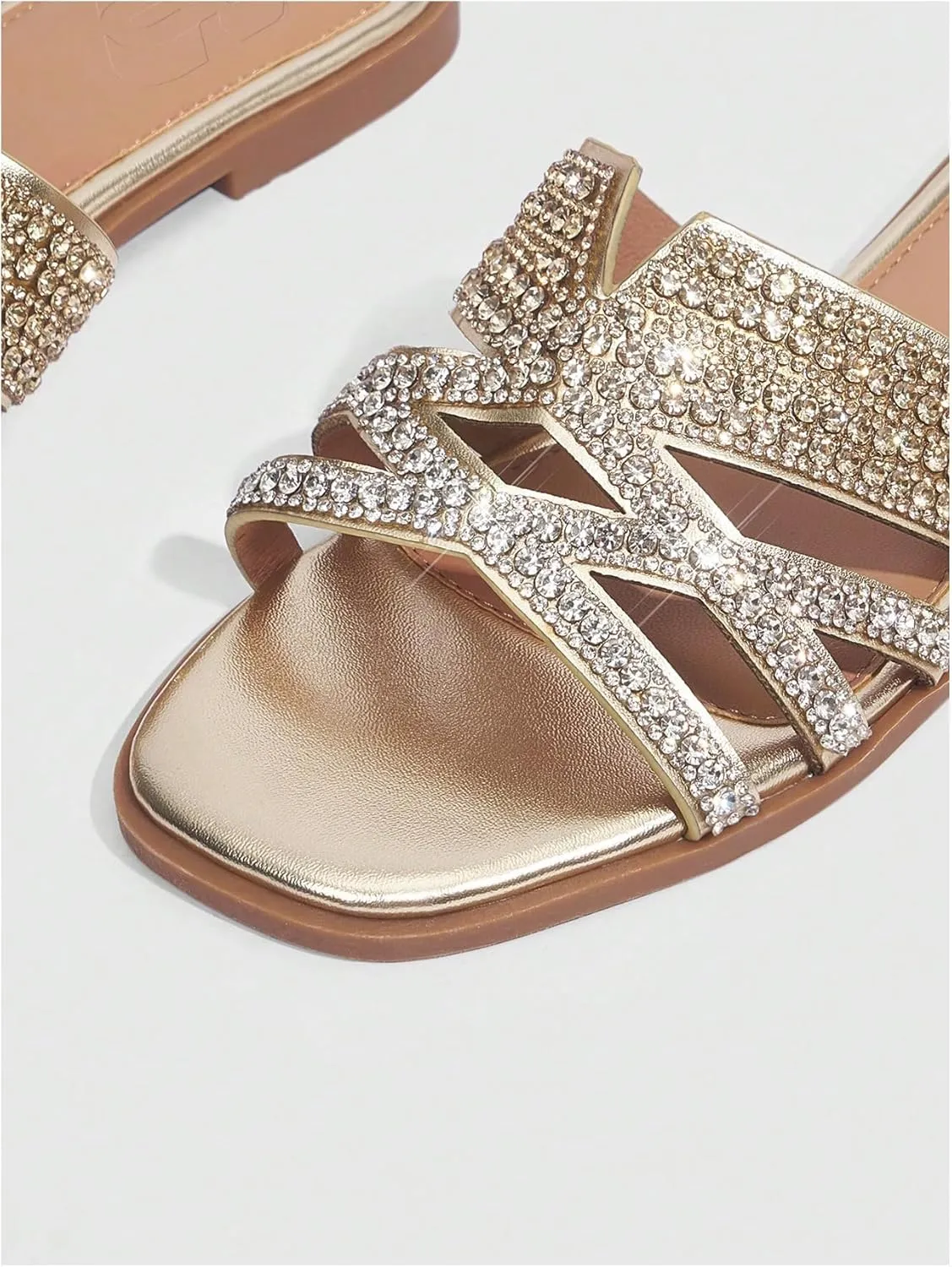 SweatyRocks Women's Sparkly Rhinestone Flat Sandals Open Toe Glitter Slip on Crossed Strap Slide