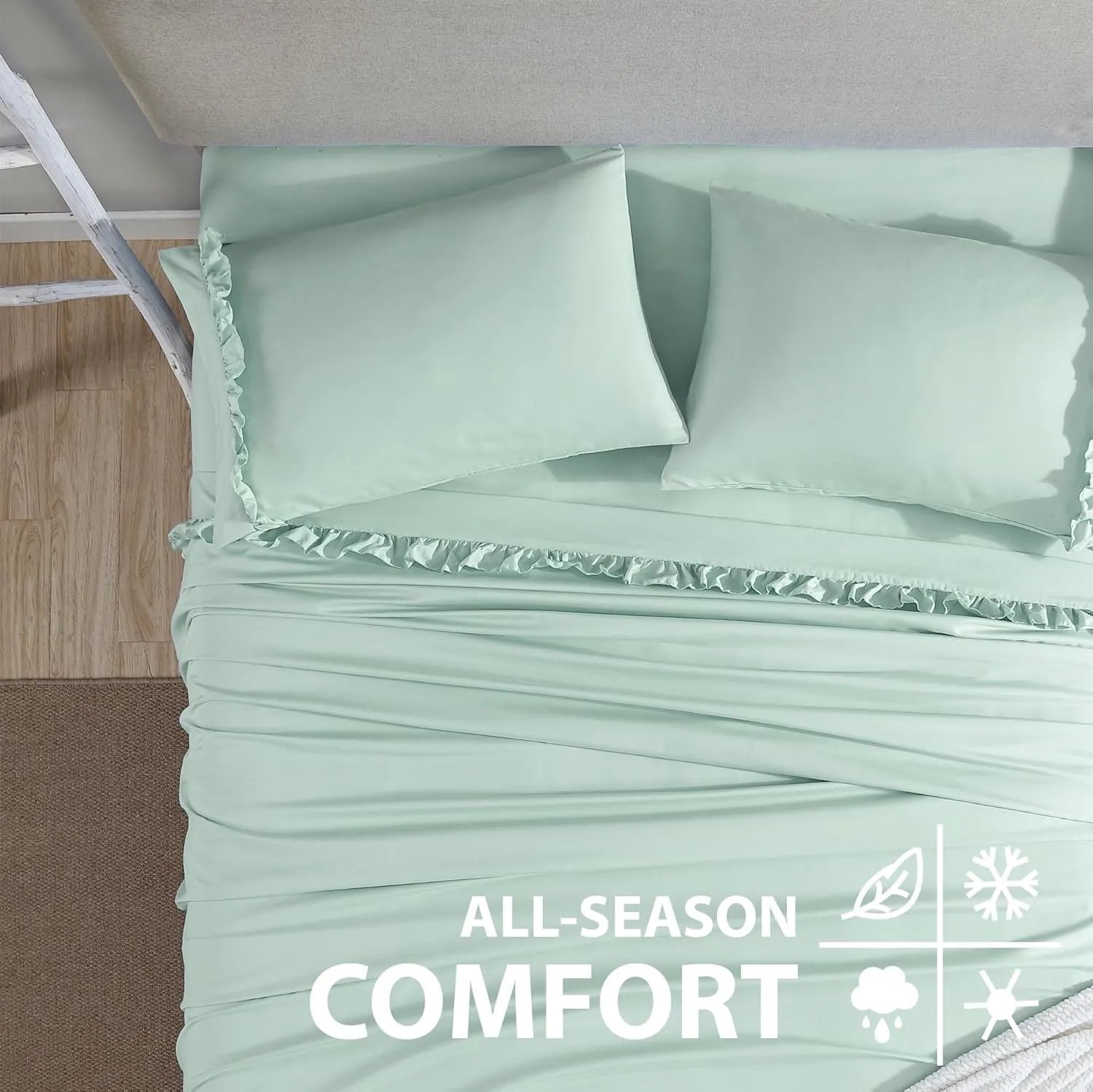 Swift Home Ultra-Soft Elegant 2-inch Ruffled Hem Design on Flat Sheet and Pillowcases, Wrinkle Resistant, Fade Resistant, Deep Pocket, Double Brushed 3-Piece Microfiber Sheet Set - Full, Pale Aqua