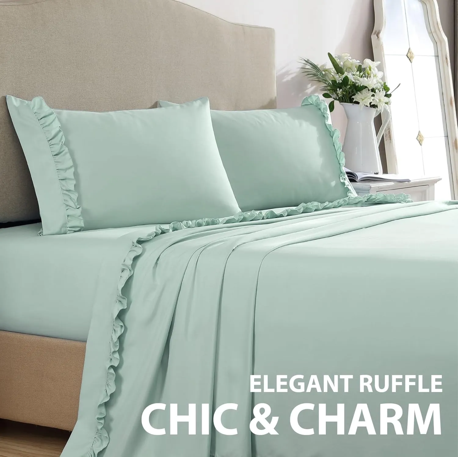 Swift Home Ultra-Soft Elegant 2-inch Ruffled Hem Design on Flat Sheet and Pillowcases, Wrinkle Resistant, Fade Resistant, Deep Pocket, Double Brushed 3-Piece Microfiber Sheet Set - Full, Pale Aqua