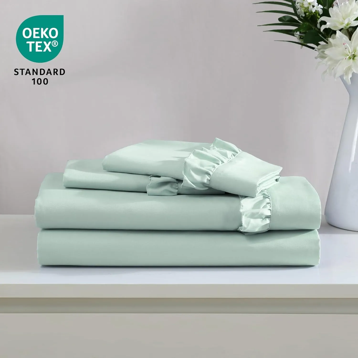 Swift Home Ultra-Soft Elegant 2-inch Ruffled Hem Design on Flat Sheet and Pillowcases, Wrinkle Resistant, Fade Resistant, Deep Pocket, Double Brushed 3-Piece Microfiber Sheet Set - Full, Pale Aqua
