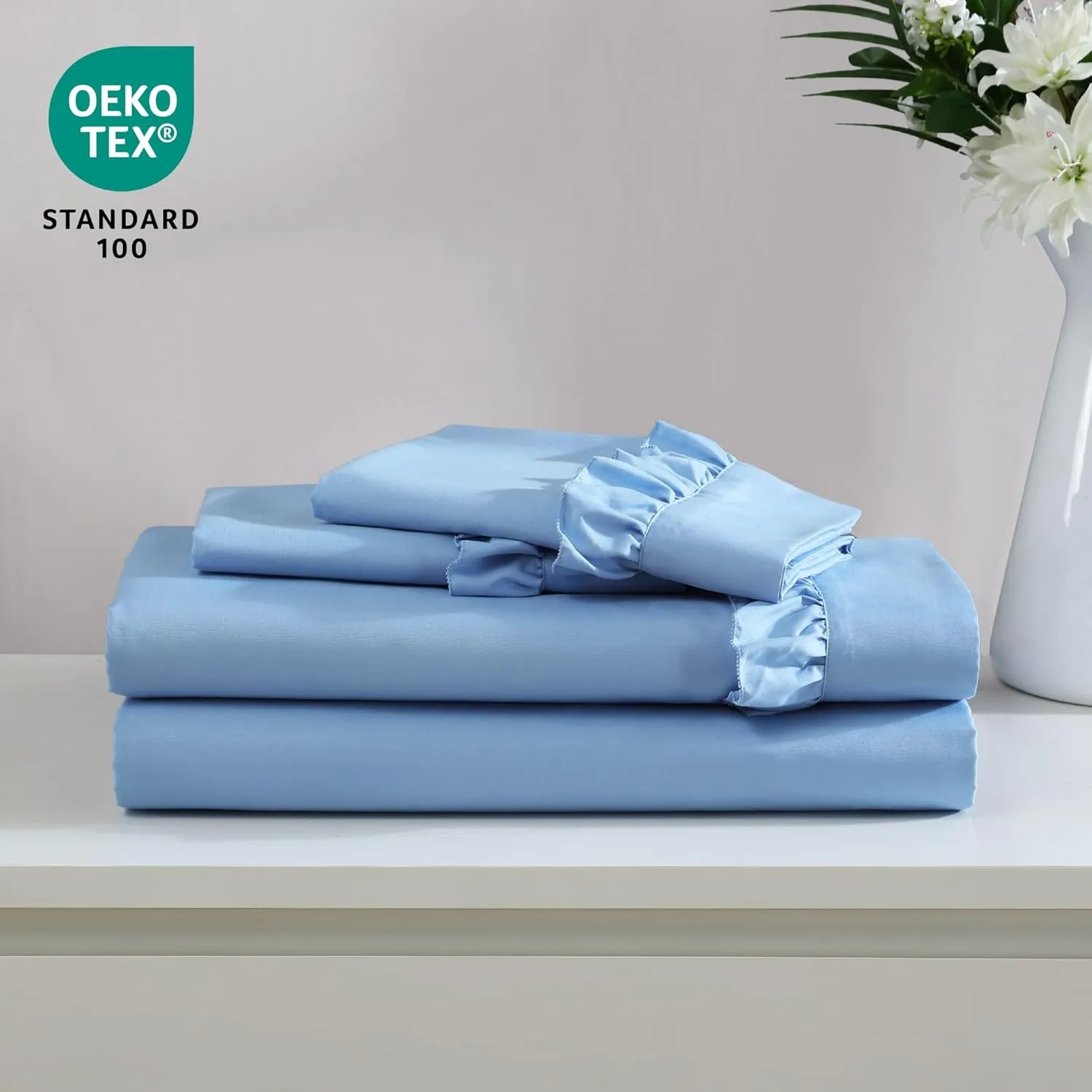 Swift Home Ultra-Soft Elegant 2-inch Ruffled Hem Design on Flat Sheet and Pillowcases, Wrinkle Resistant, Fade Resistant, Deep Pocket, Double Brushed 4-Piece Microfiber Sheet Set - King, Blue Bell