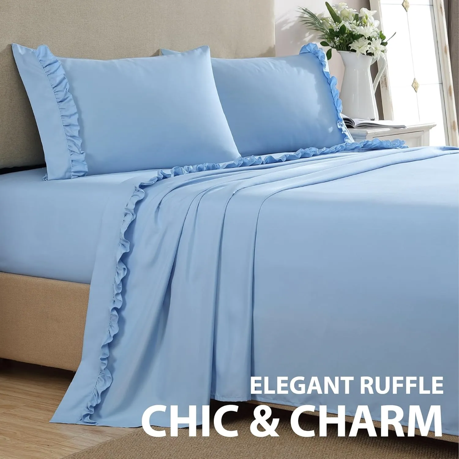 Swift Home Ultra-Soft Elegant 2-inch Ruffled Hem Design on Flat Sheet and Pillowcases, Wrinkle Resistant, Fade Resistant, Deep Pocket, Double Brushed 4-Piece Microfiber Sheet Set - King, Blue Bell