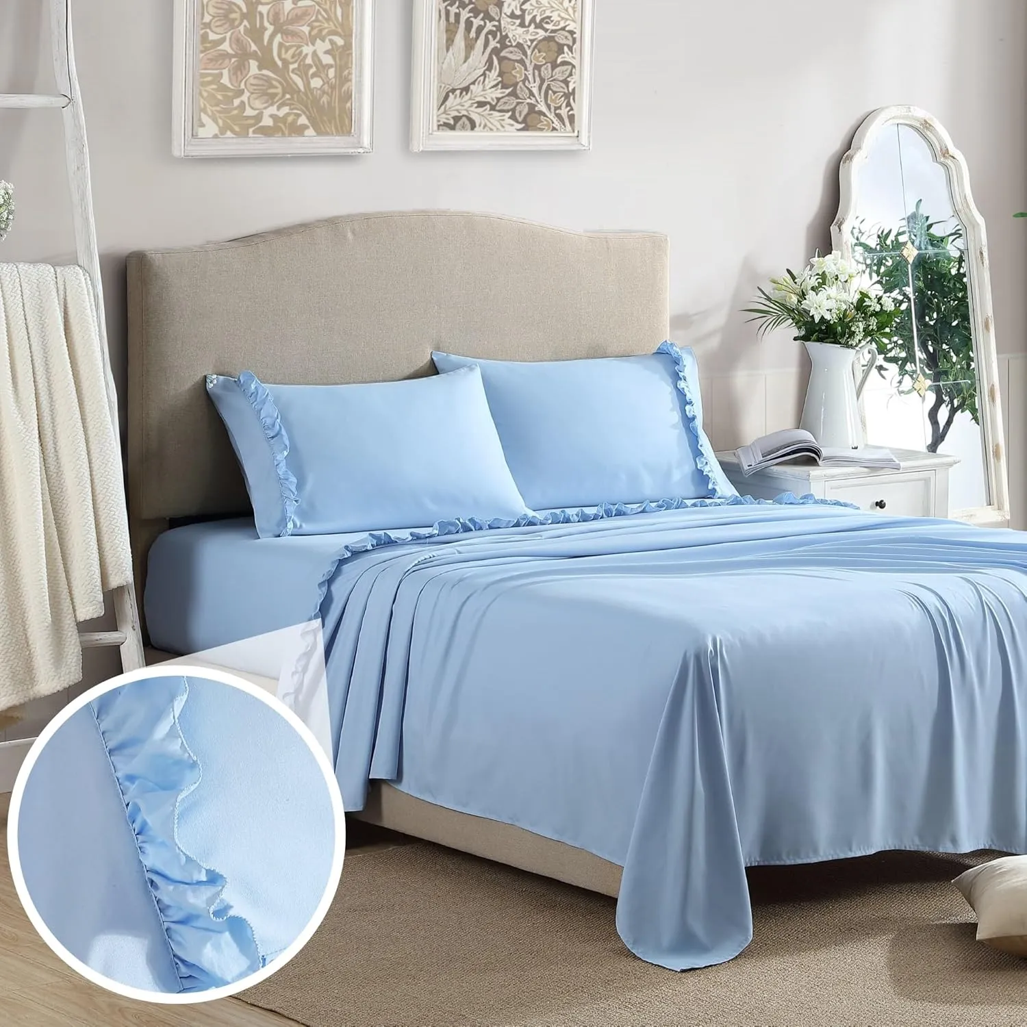 Swift Home Ultra-Soft Elegant 2-inch Ruffled Hem Design on Flat Sheet and Pillowcases, Wrinkle Resistant, Fade Resistant, Deep Pocket, Double Brushed 4-Piece Microfiber Sheet Set - King, Blue Bell