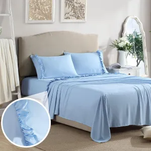 Swift Home Ultra-Soft Elegant 2-inch Ruffled Hem Design on Flat Sheet and Pillowcases, Wrinkle Resistant, Fade Resistant, Deep Pocket, Double Brushed 4-Piece Microfiber Sheet Set - King, Blue Bell