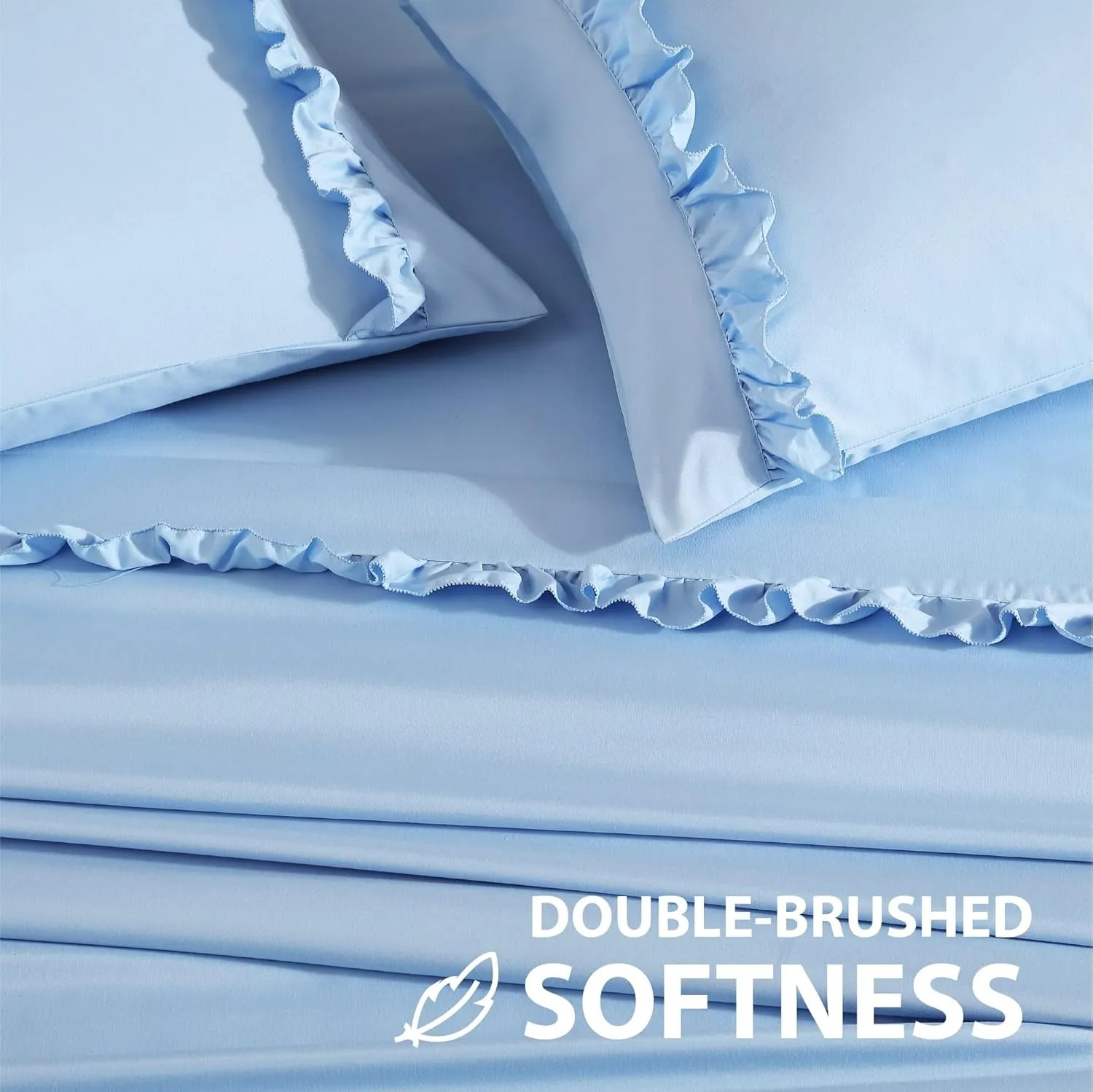 Swift Home Ultra-Soft Elegant 2-inch Ruffled Hem Design on Flat Sheet and Pillowcases, Wrinkle Resistant, Fade Resistant, Deep Pocket, Double Brushed 4-Piece Microfiber Sheet Set - King, Blue Bell