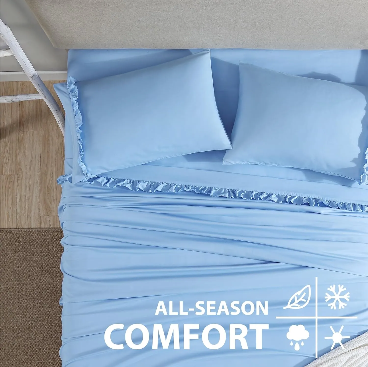 Swift Home Ultra-Soft Elegant 2-inch Ruffled Hem Design on Flat Sheet and Pillowcases, Wrinkle Resistant, Fade Resistant, Deep Pocket, Double Brushed 4-Piece Microfiber Sheet Set - King, Blue Bell