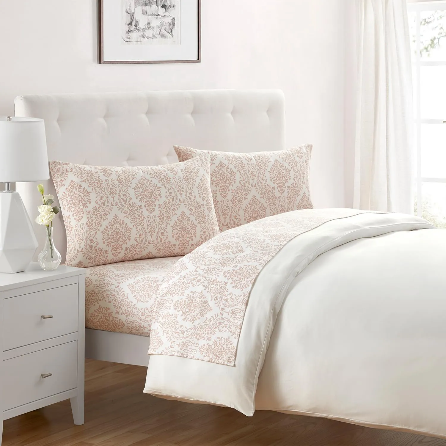 Tahari Home - Full Sheets, 4-Piece Cotton Flannel Bedding with Matching Pillowcases, Brushed for Extra Softness, Cozy Home Decor (Damask Blush, Full)