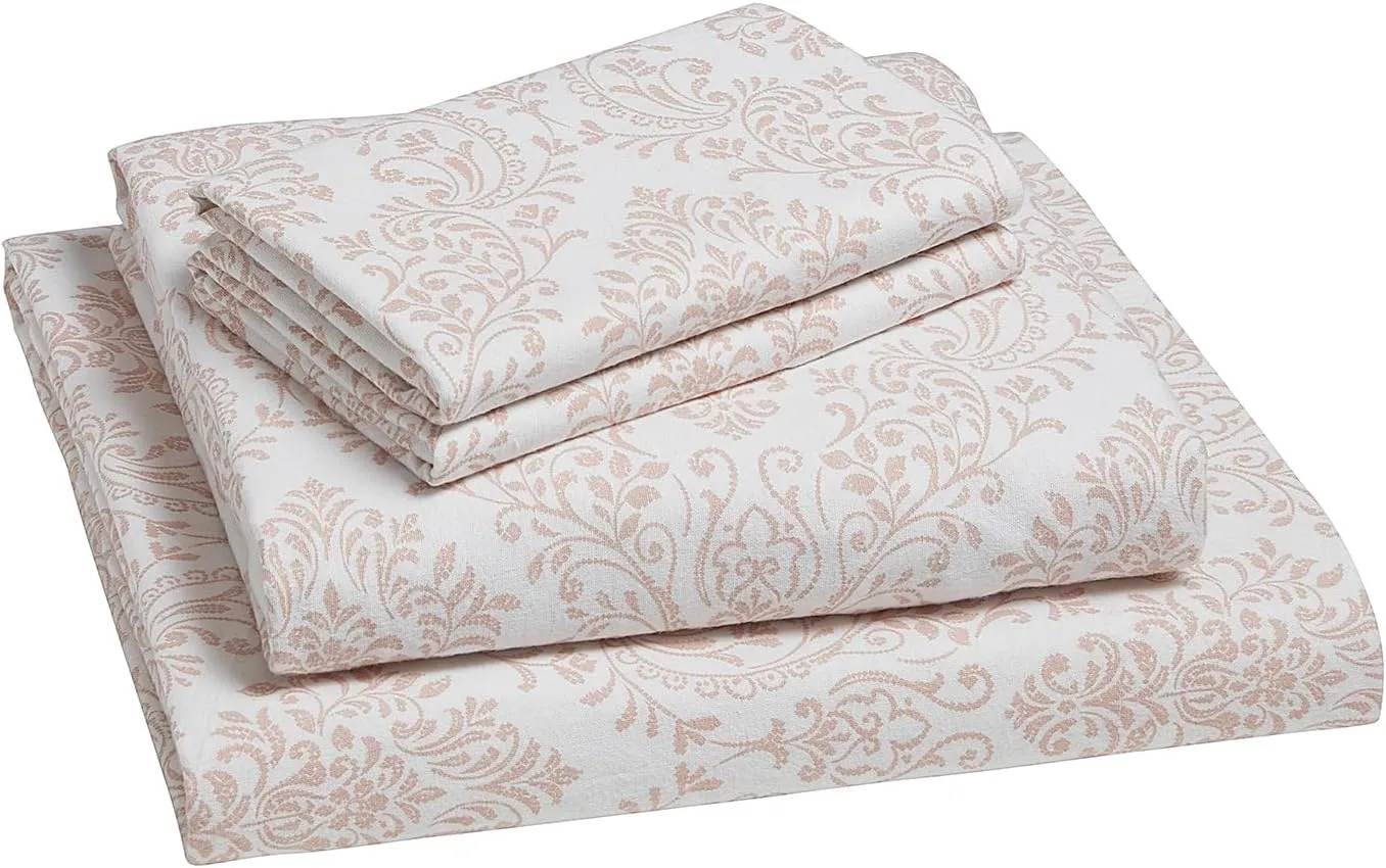 Tahari Home - Full Sheets, 4-Piece Cotton Flannel Bedding with Matching Pillowcases, Brushed for Extra Softness, Cozy Home Decor (Damask Blush, Full)
