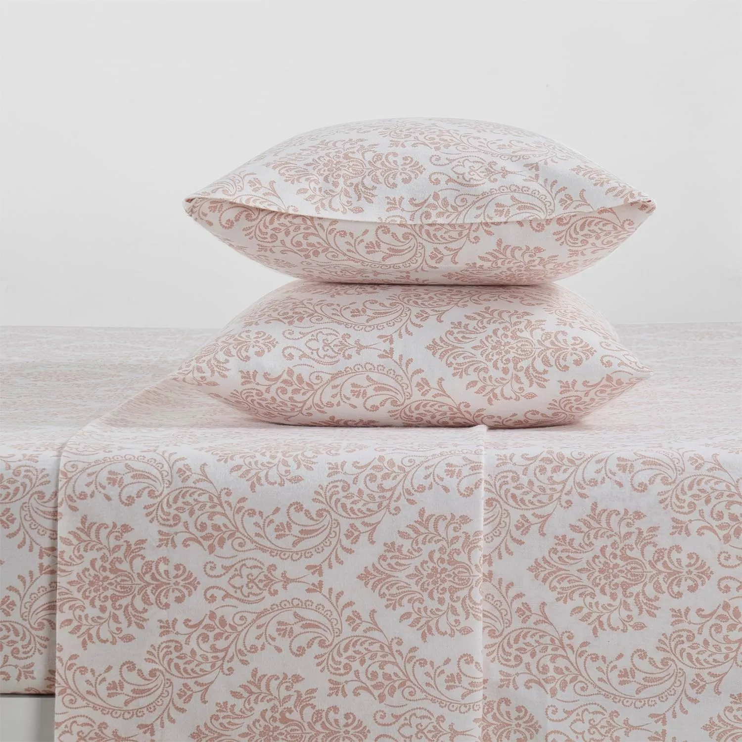 Tahari Home - Full Sheets, 4-Piece Cotton Flannel Bedding with Matching Pillowcases, Brushed for Extra Softness, Cozy Home Decor (Damask Blush, Full)
