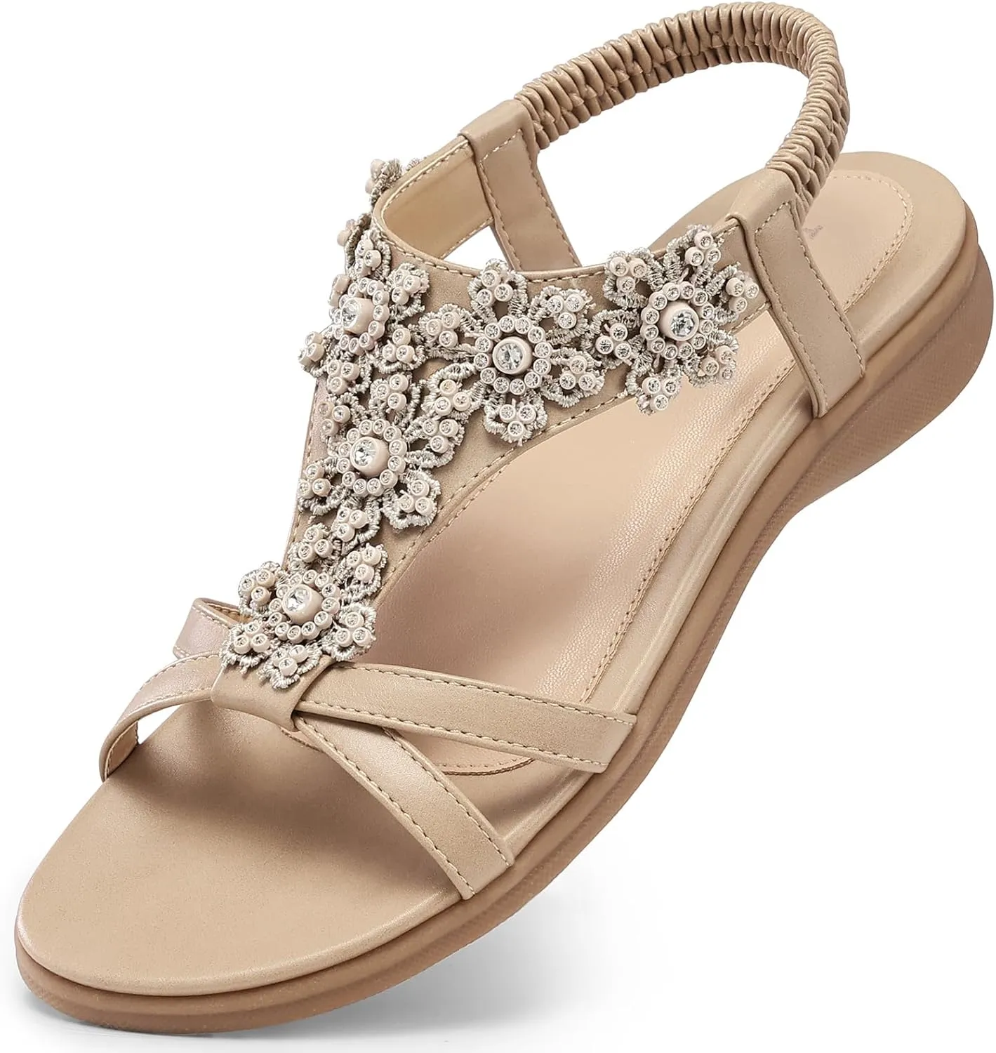 TEMOFON Sandals for Women Flat Dressy: Summer Flower Sandals with Ankle Strap Comfortable Casual Walking Flat Sandals Size 5-11