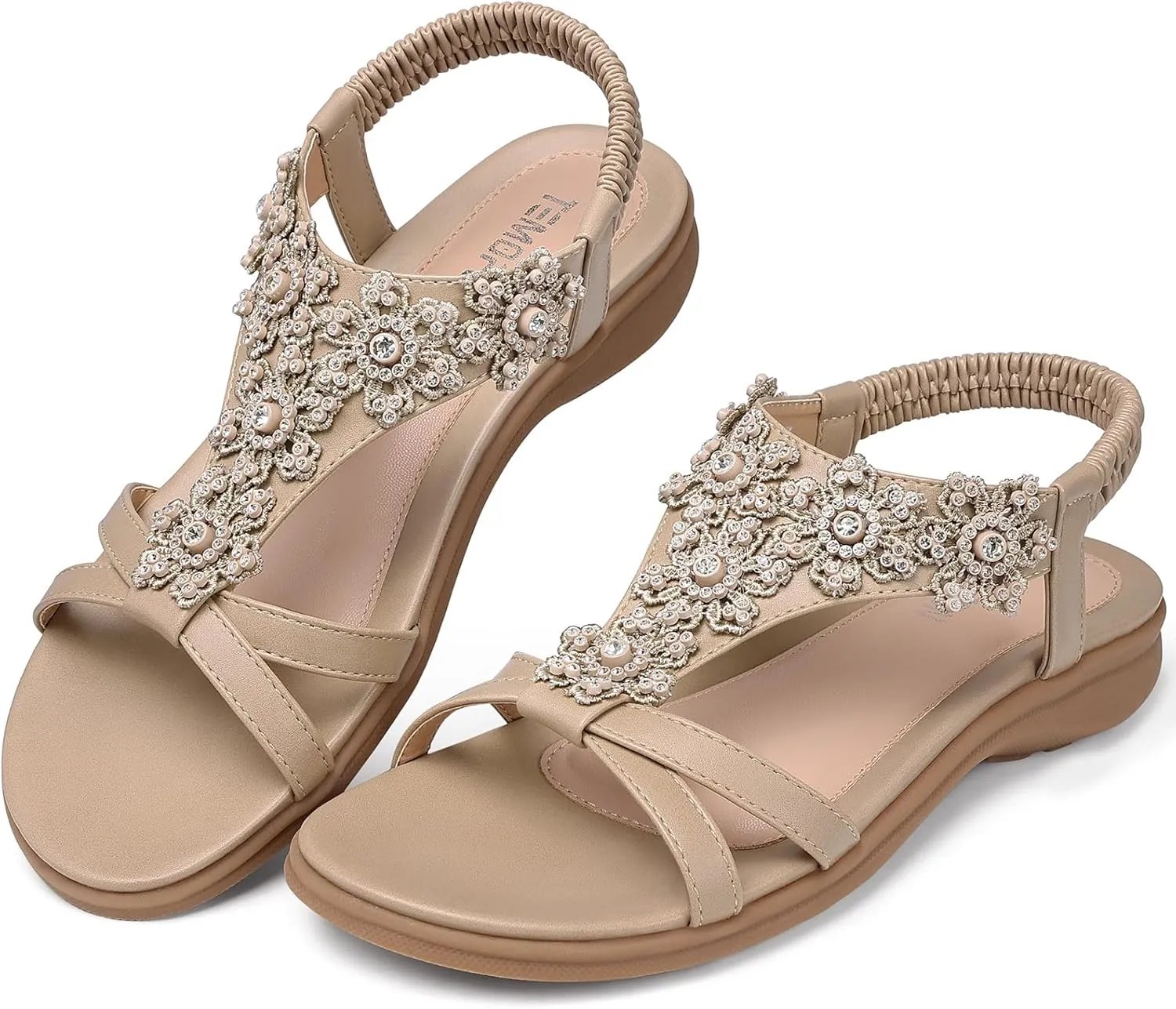 TEMOFON Sandals for Women Flat Dressy: Summer Flower Sandals with Ankle Strap Comfortable Casual Walking Flat Sandals Size 5-11