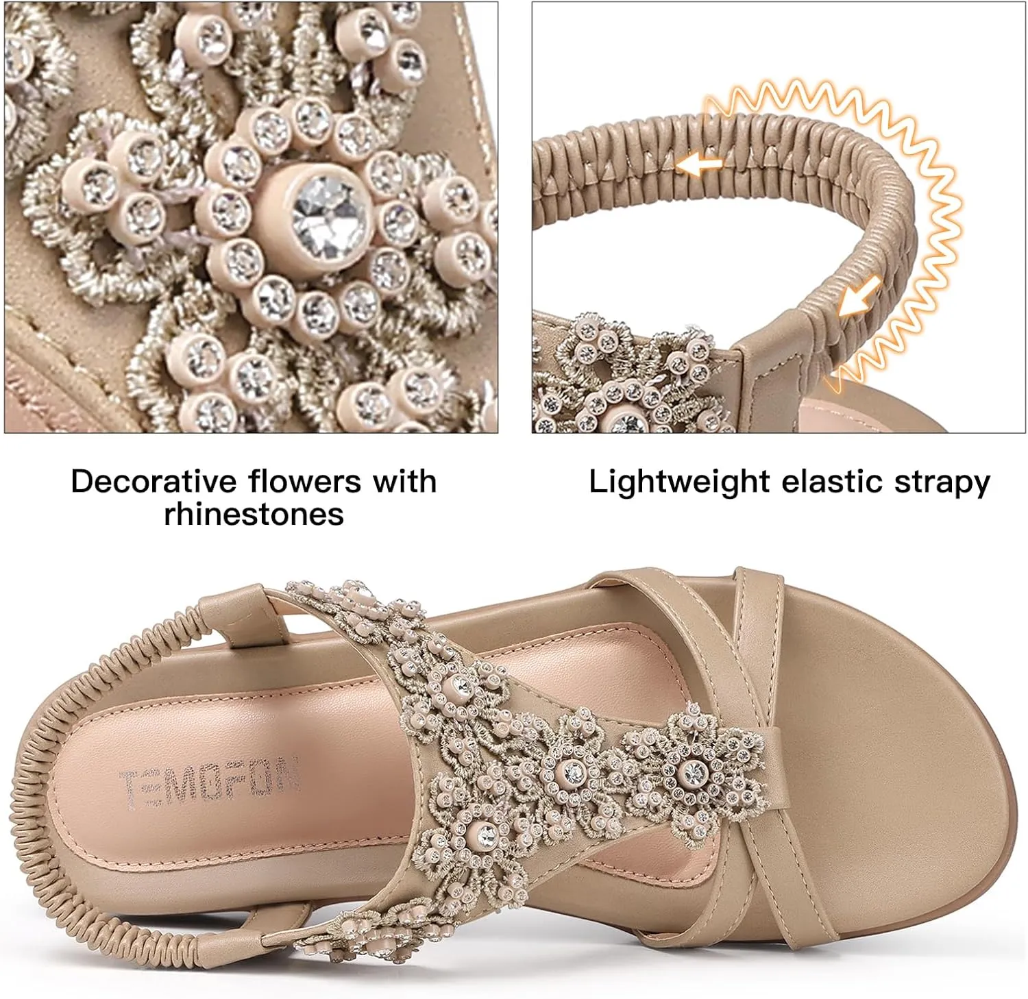 TEMOFON Sandals for Women Flat Dressy: Summer Flower Sandals with Ankle Strap Comfortable Casual Walking Flat Sandals Size 5-11