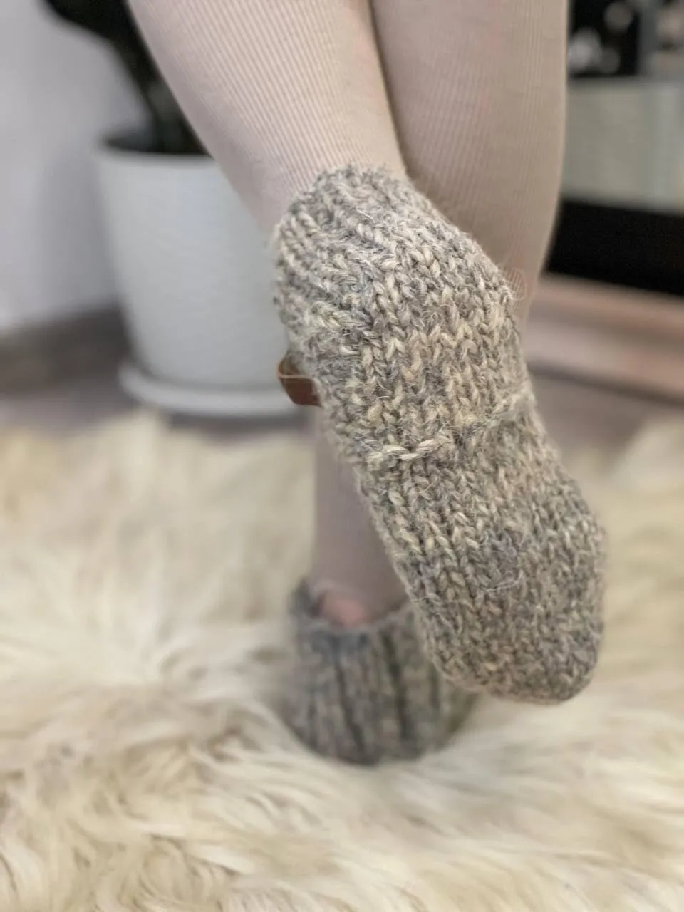 Thick Gray Wool House Socks, Handmade Chunky Knit Slippers, Rustic Natural Wool Design, Unisex Home Footwear, Soft & Warm, Cozy Gift Idea! (Men's 11-11.5)