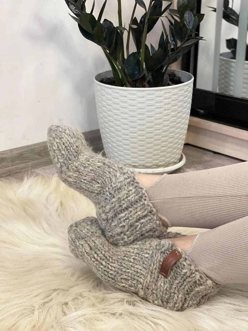 Thick Gray Wool House Socks, Handmade Chunky Knit Slippers, Rustic Natural Wool Design, Unisex Home Footwear, Soft & Warm, Cozy Gift Idea! (Men's 11-11.5)