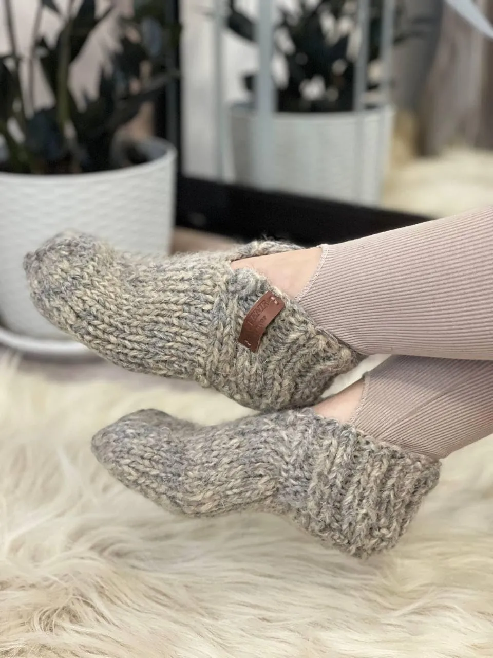 Thick Gray Wool House Socks, Handmade Chunky Knit Slippers, Rustic Natural Wool Design, Unisex Home Footwear, Soft & Warm, Cozy Gift Idea! (Men's 11-11.5)
