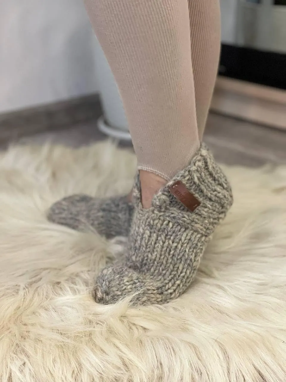 Thick Gray Wool House Socks, Handmade Chunky Knit Slippers, Rustic Natural Wool Design, Unisex Home Footwear, Soft & Warm, Cozy Gift Idea! (Men's 11-11.5)