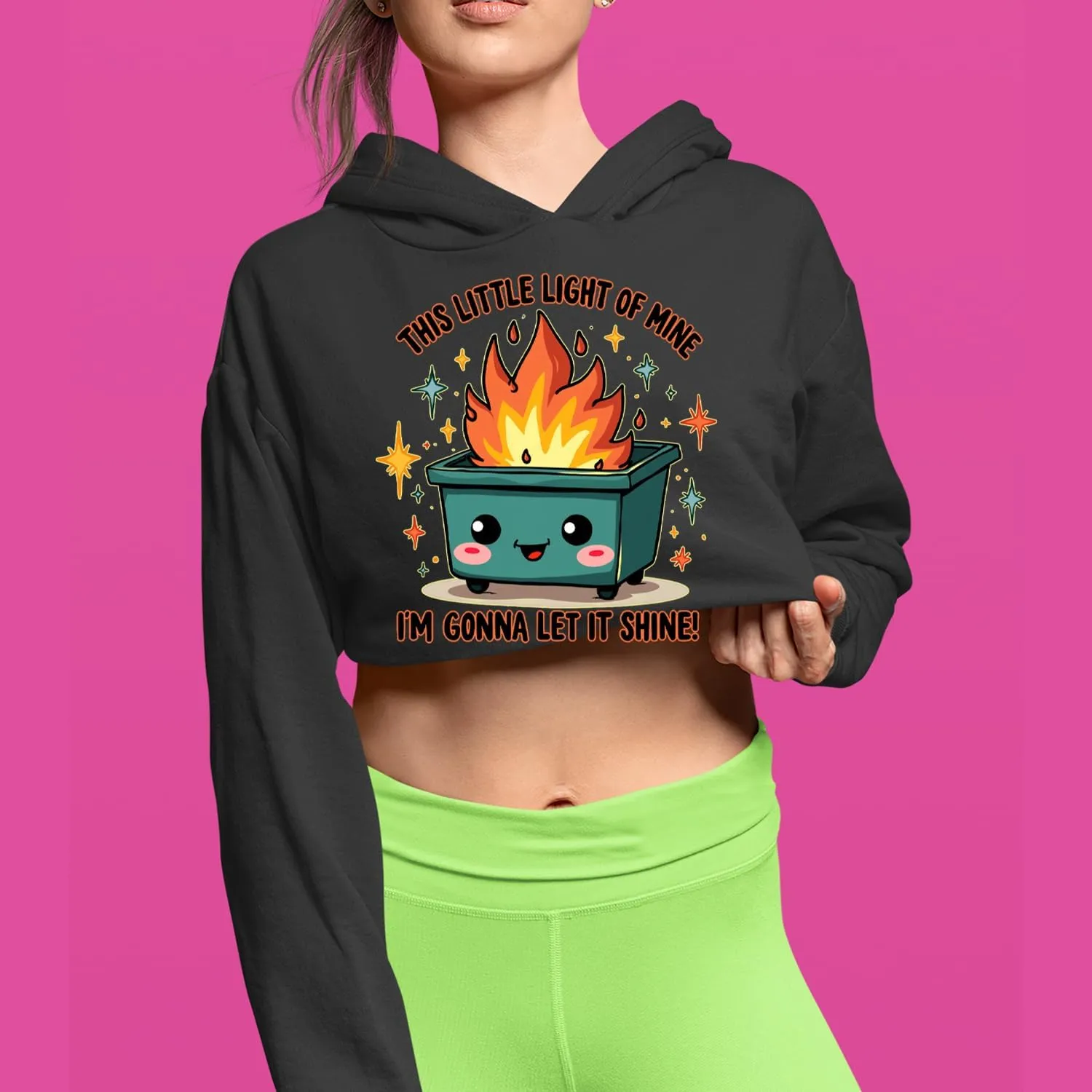 This Little Light of Mine Dumpster Fire Smile Face Cropped Fleece Hoodie, Soft & Cozy, Trendy Fit