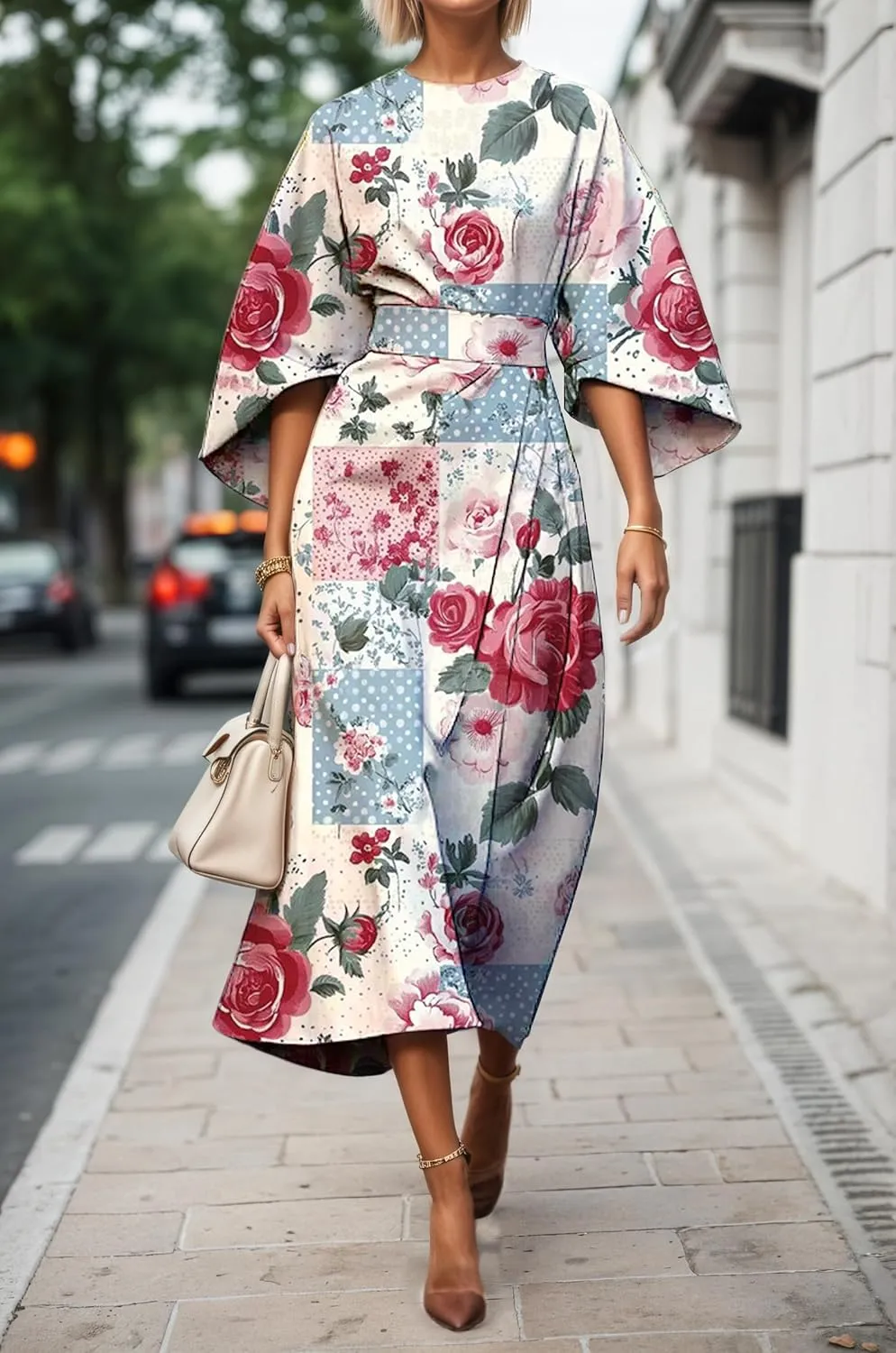 TIAFORD Women's Spring Summer Elegant Floral Print Empire Waist Dress Casual Cute Crew Neck Loose Half Sleeve Maxi Dresses