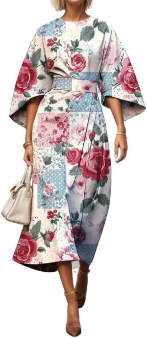 TIAFORD Women's Spring Summer Elegant Floral Print Empire Waist Dress Casual Cute Crew Neck Loose Half Sleeve Maxi Dresses