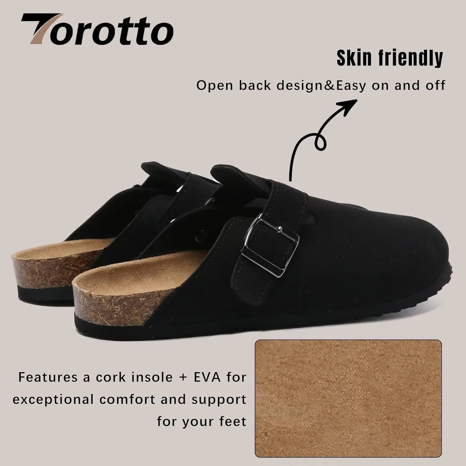 Torotto Womens Clogs Cork Footbed Suede Slippers Arch Support Potato Shoes with Adjustable Buckle