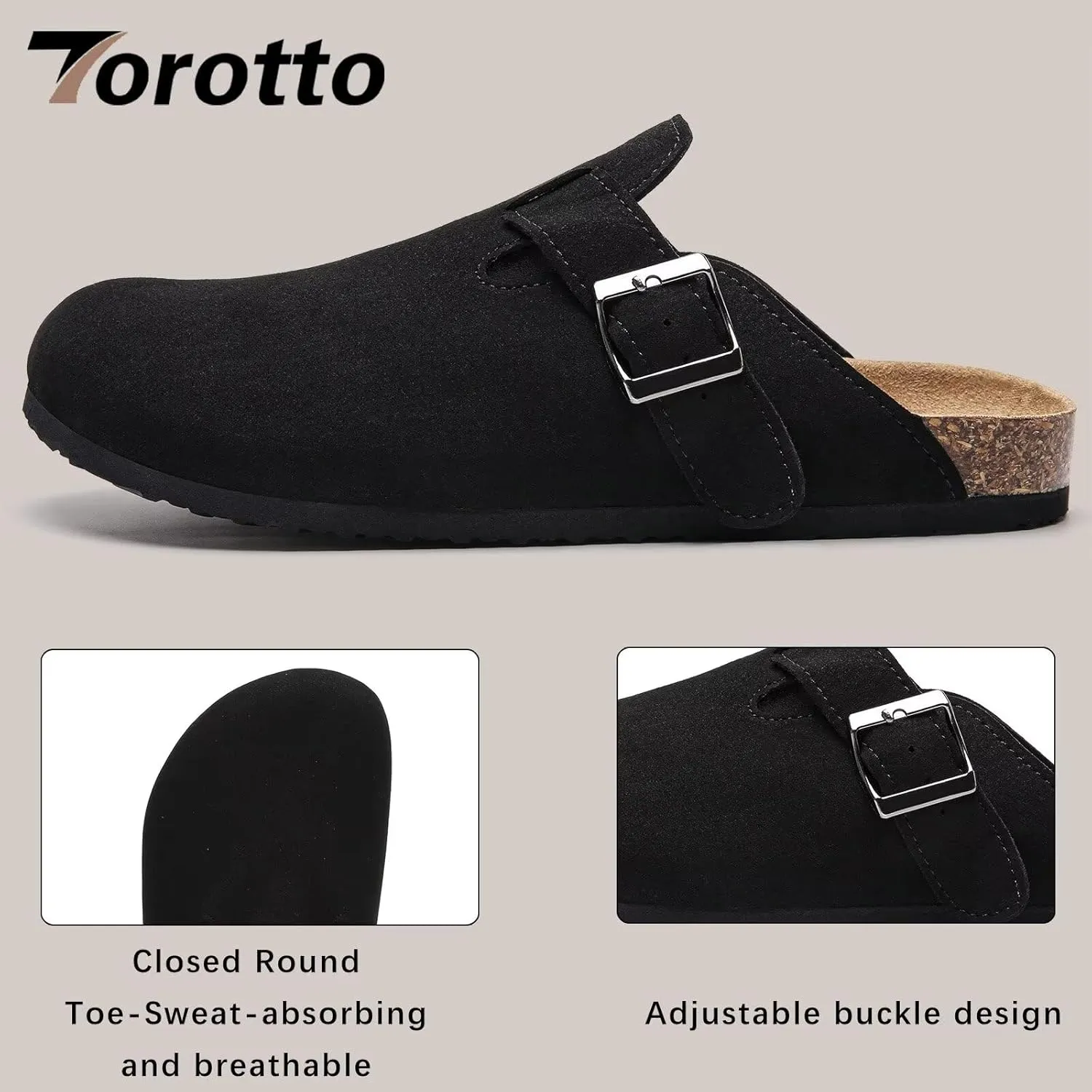 Torotto Womens Clogs Cork Footbed Suede Slippers Arch Support Potato Shoes with Adjustable Buckle