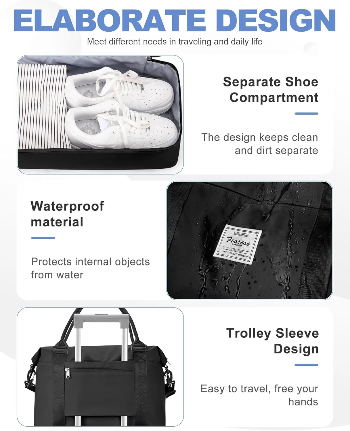 Travel Duffel Bag, 18x14x8 Inches Travel Bag Spirit with Shoes Compartment, Weekender Overnight Bag for Women with Trolley Sleeve, Carry On Bag for Airplanes Sport Tote Gym Bag Black