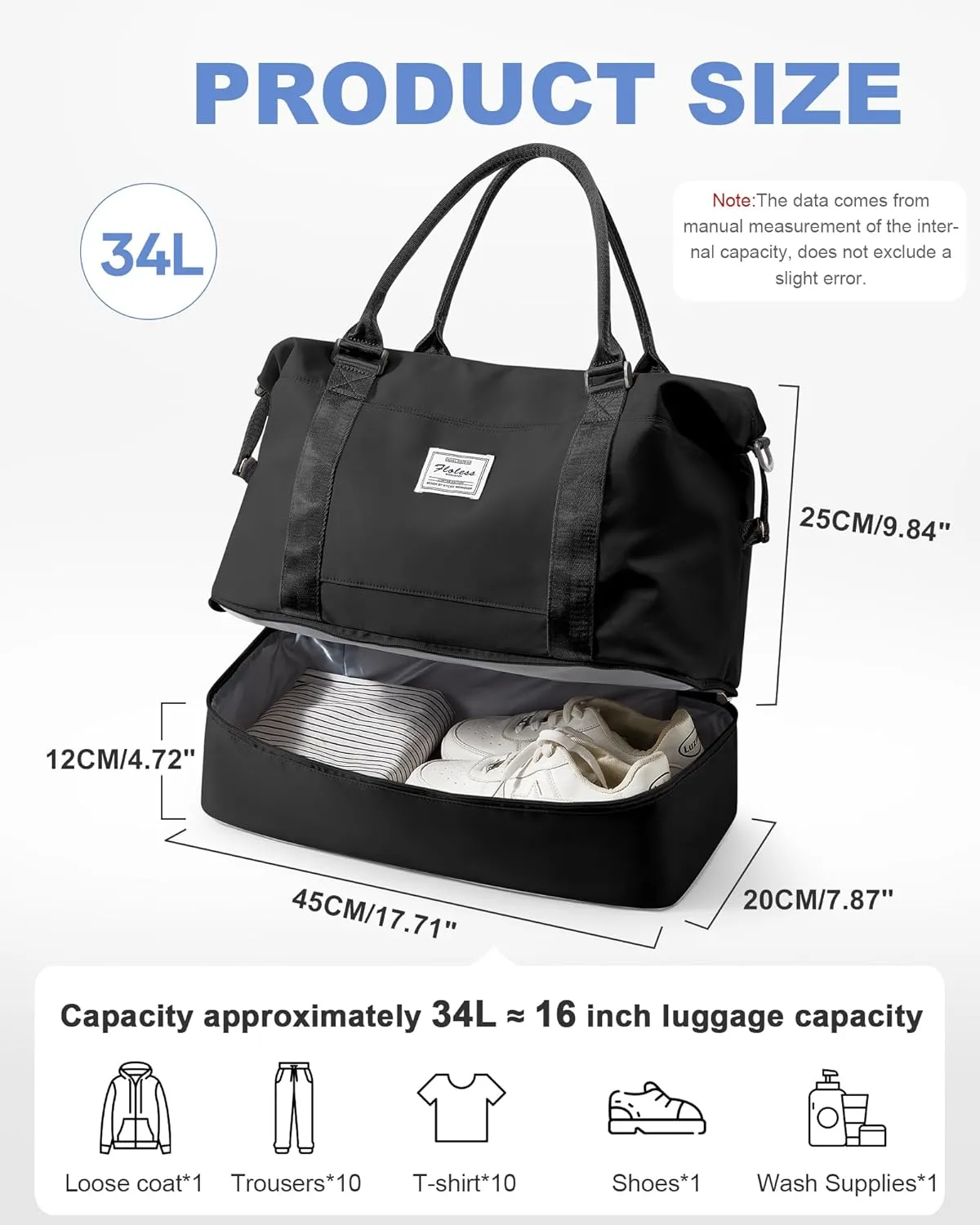 Travel Duffel Bag, 18x14x8 Inches Travel Bag Spirit with Shoes Compartment, Weekender Overnight Bag for Women with Trolley Sleeve, Carry On Bag for Airplanes Sport Tote Gym Bag Black