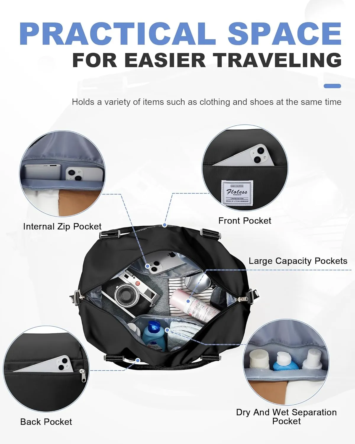 Travel Duffel Bag, 18x14x8 Inches Travel Bag Spirit with Shoes Compartment, Weekender Overnight Bag for Women with Trolley Sleeve, Carry On Bag for Airplanes Sport Tote Gym Bag Black