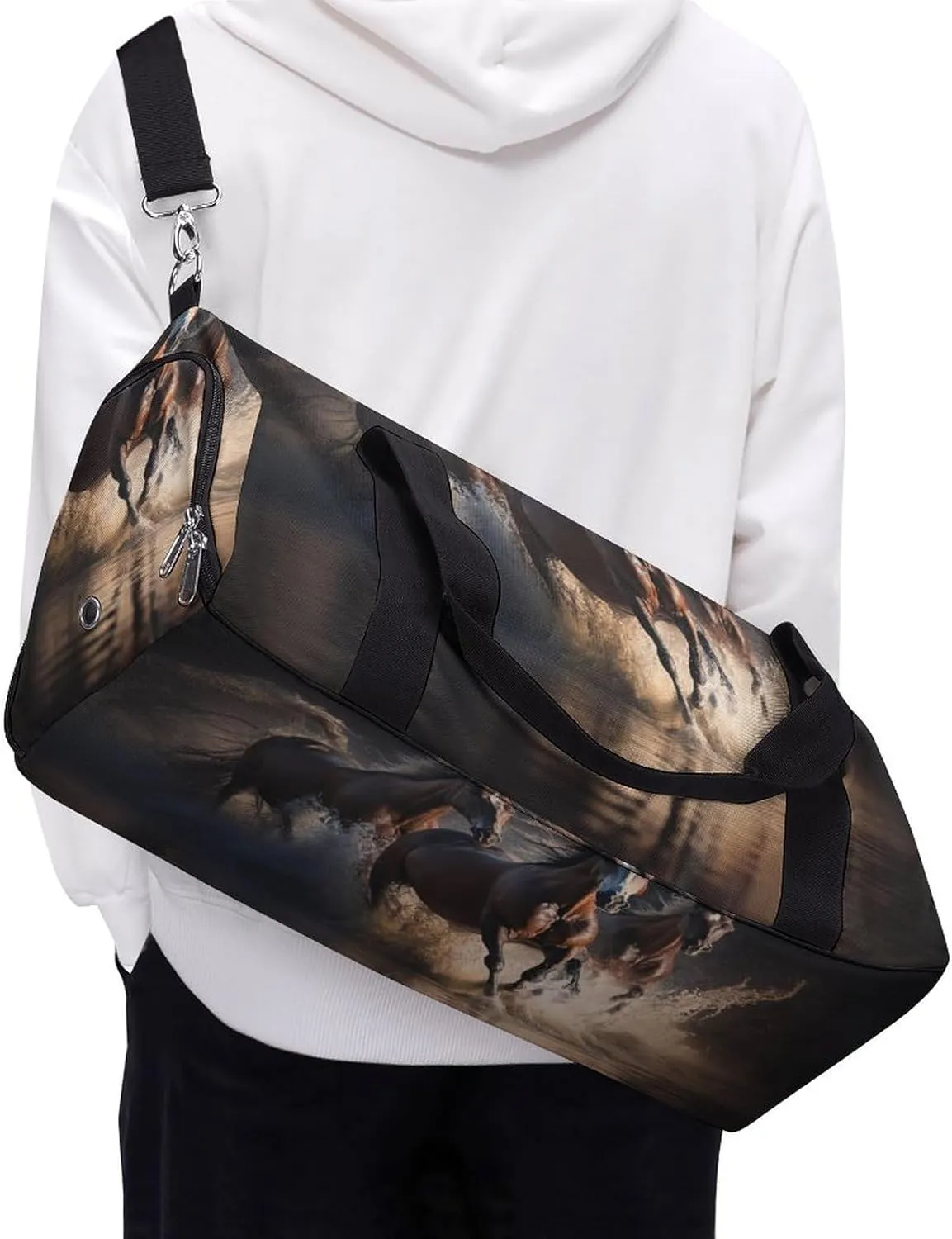 Travel Gym Bag with Horses Jumping for Men Women Shoe Compartment Weekender