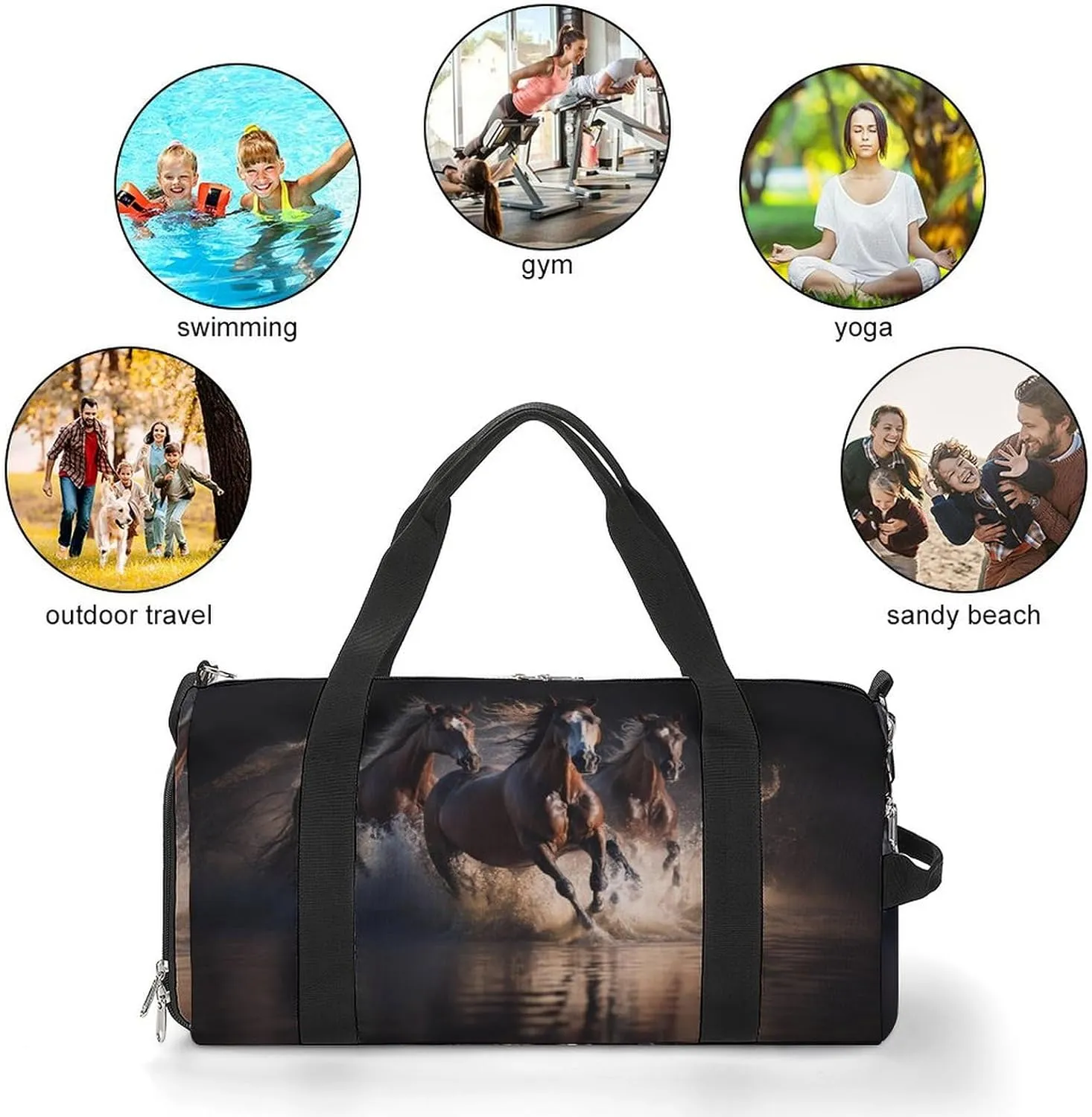 Travel Gym Bag with Horses Jumping for Men Women Shoe Compartment Weekender