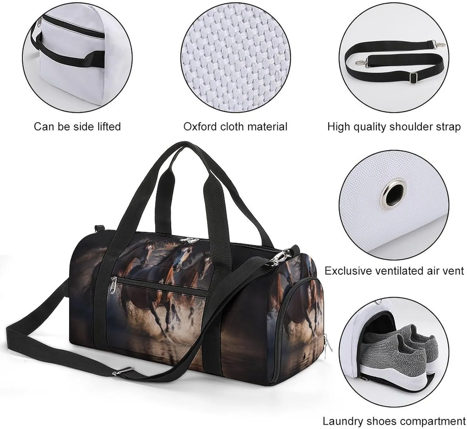 Travel Gym Bag with Horses Jumping for Men Women Shoe Compartment Weekender