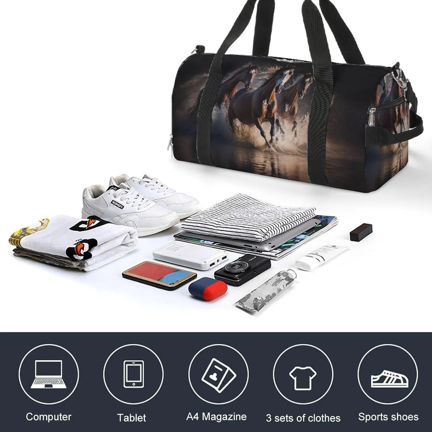Travel Gym Bag with Horses Jumping for Men Women Shoe Compartment Weekender