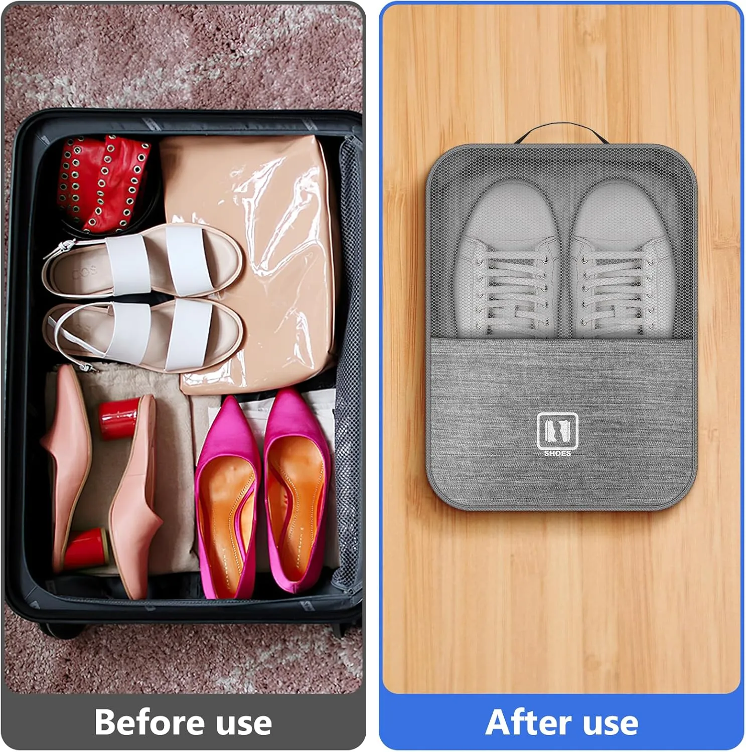 Travel Shoe Bag Holds 3 Pair of Shoe Bags for Travel Waterproof Shoe Organizer Storge Travel Bag for Packing Sneaker Travel Bag for Women Men (Grey, Medium)