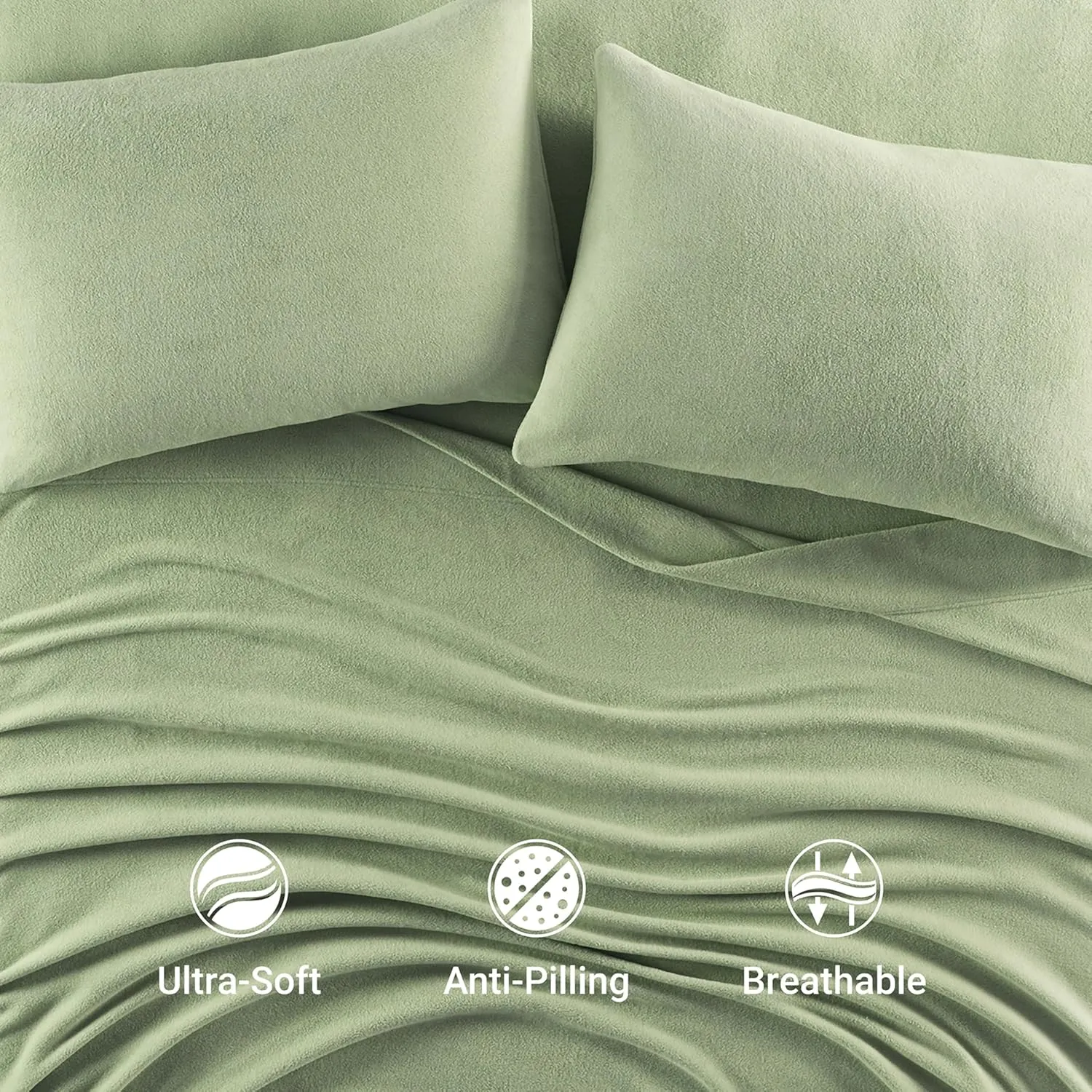 True North by Sleep Philosophy Micro Fleece Bed Sheet Set, Warm, Sheets with 14" Deep Pocket, for Cold Season Cozy Sheet-Set, Matching Pillow Case, Queen, Green, 4 Piece